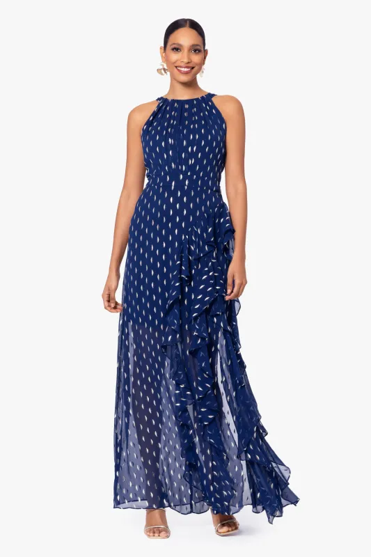 "Karina" Petite Chiffon Foil Ruffle Tie Neck Dress made by Betsy & Adam