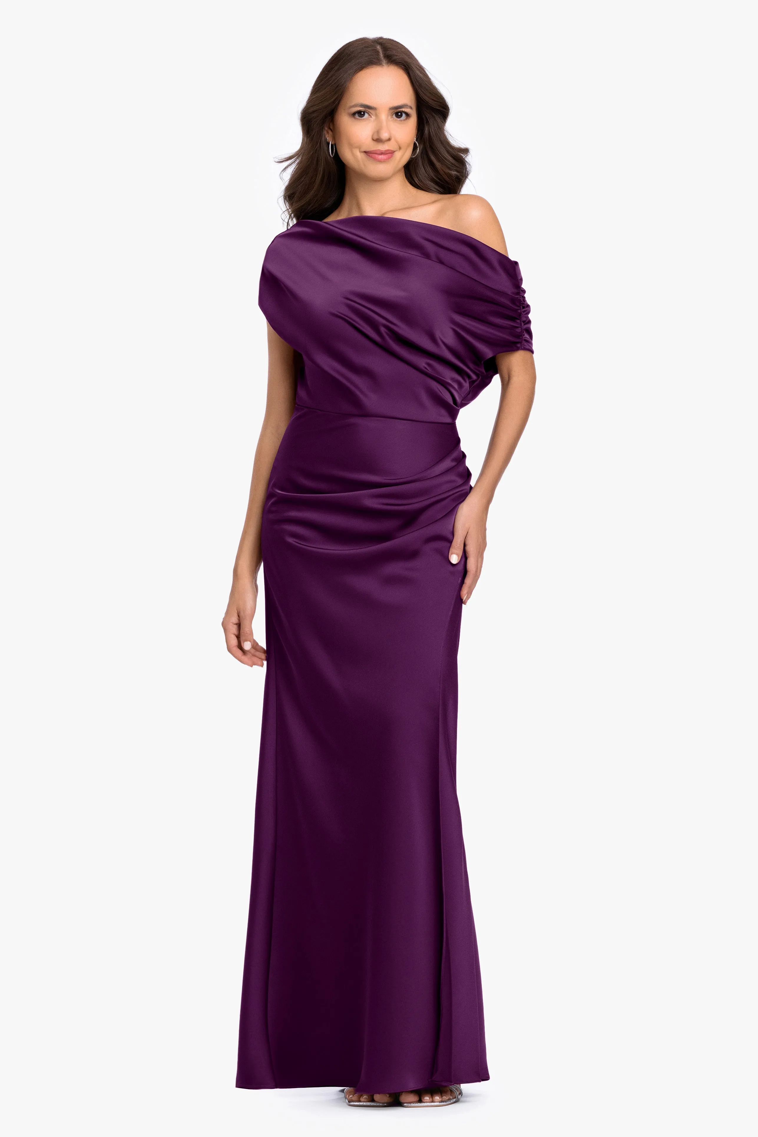 “Hailey” Double Satin Off The Shoulder Ruched Dress sold by Betsy & Adam