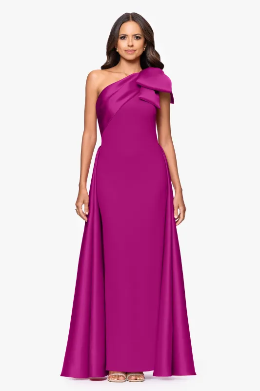 "Rosalie" Scuba Crepe One Shoulder Bow Embellished Gown made by Betsy & Adam
