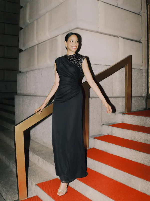 “Dayna” Petite Sheer Matte Jersey Knit Lace Neck Ruched Dress made by Betsy & Adam