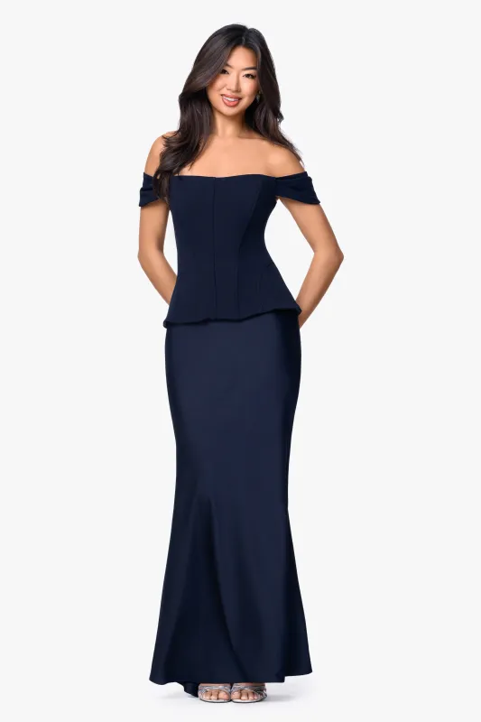"Amber" Satin & Scuba Crepe Off Shoulder Dress made by Betsy & Adam