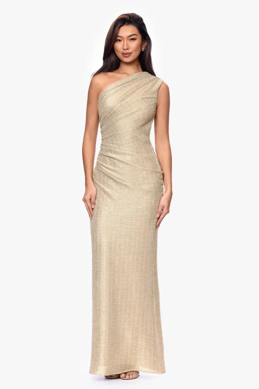 "Avril" Metallic One Shoulder Ruched Dress made by Betsy & Adam