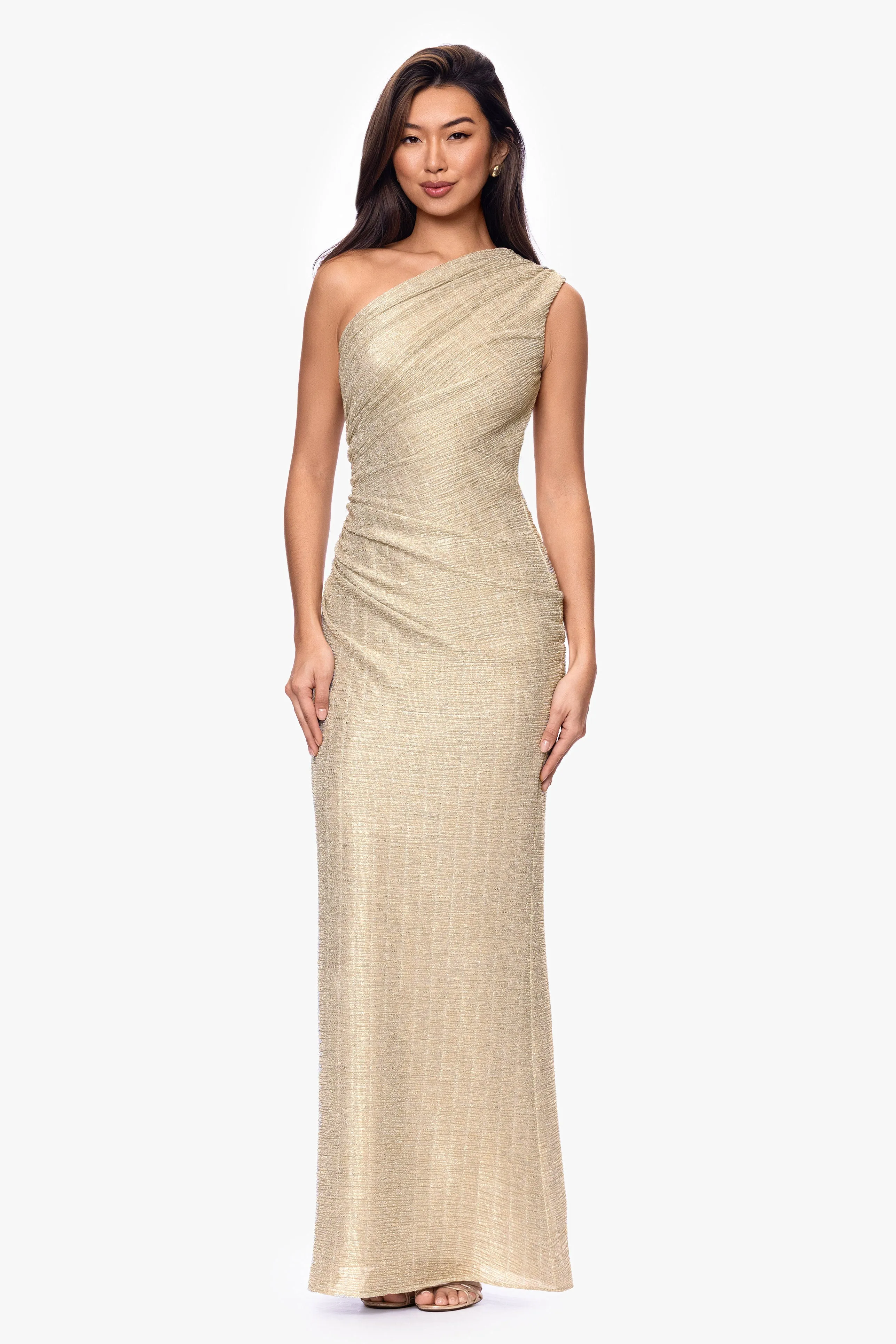 "Avril" Metallic One Shoulder Ruched Dress sold by Betsy & Adam