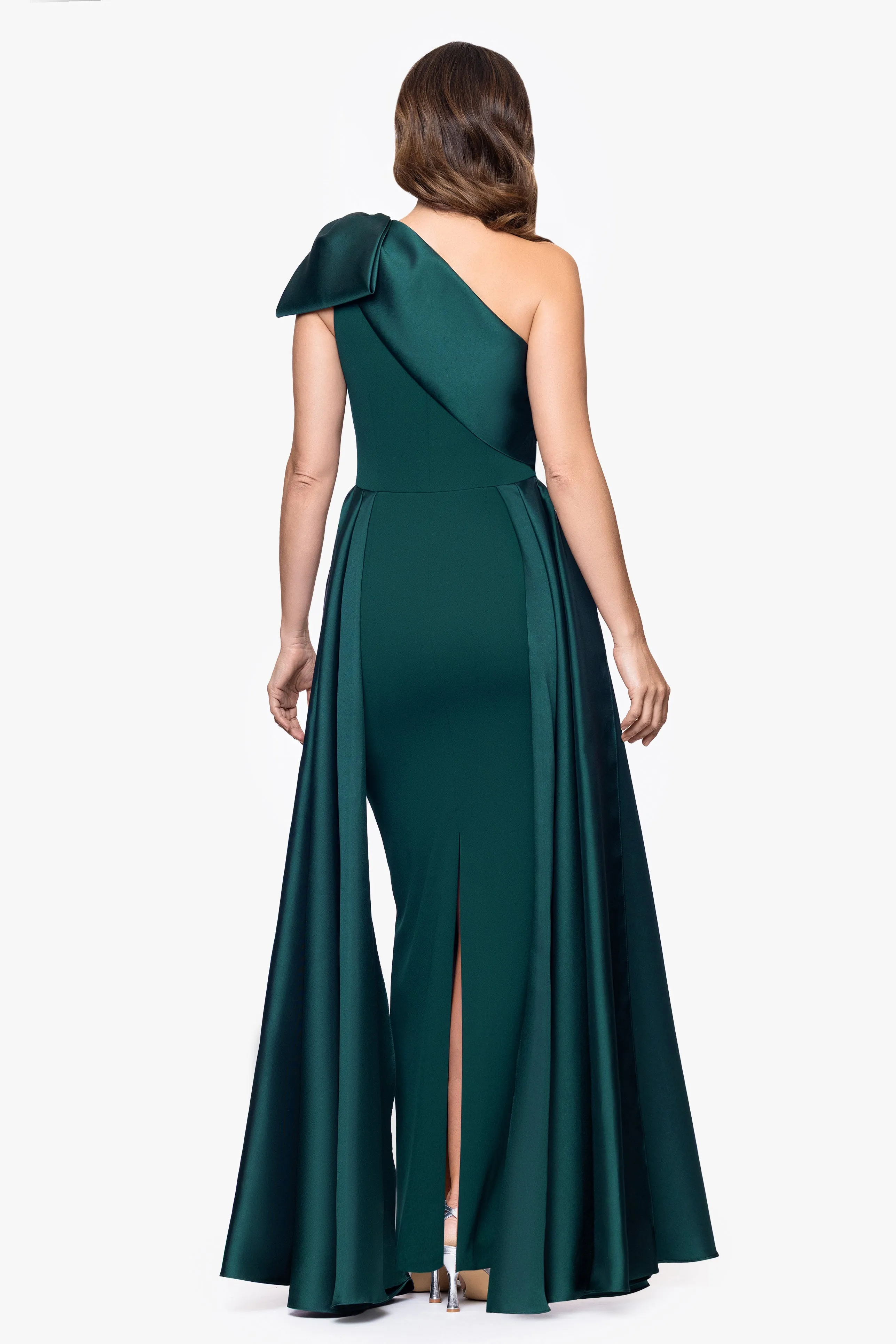 "Rosalie" Scuba Crepe One Shoulder Bow Embellished Gown sold by Betsy & Adam product image thumbnail 3