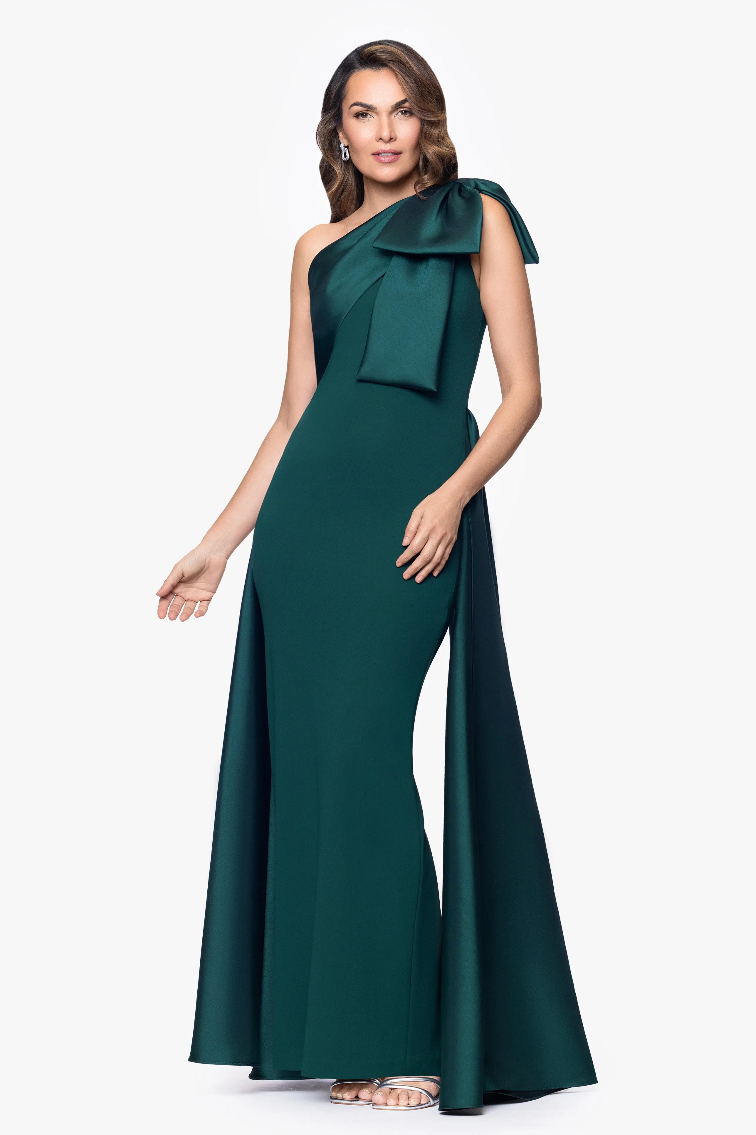 "Rosalie" Scuba Crepe One Shoulder Bow Embellished Gown sold by Betsy & Adam product image thumbnail 4