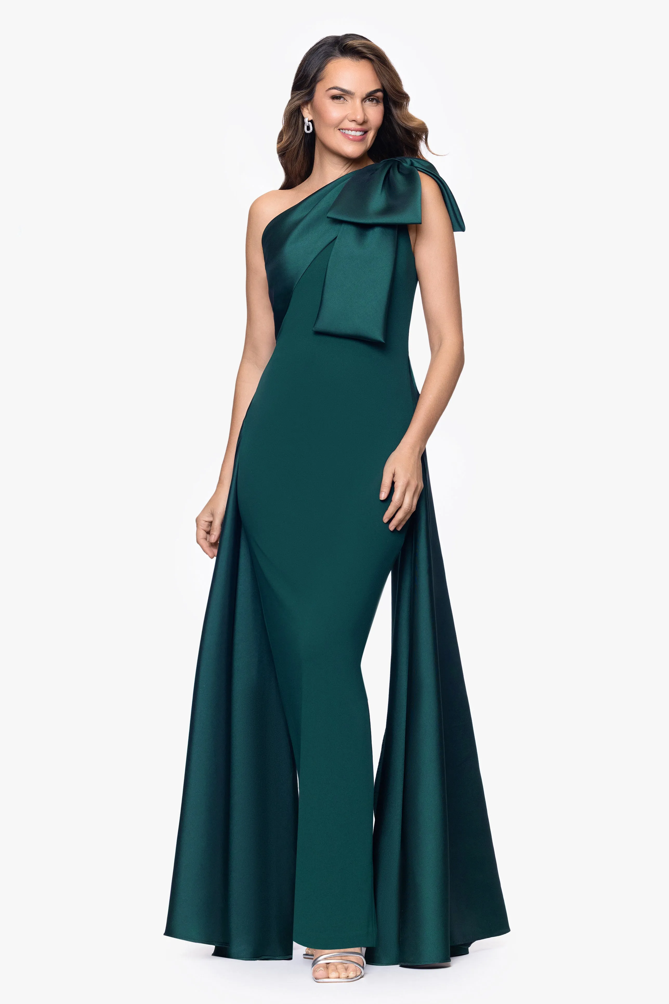 "Rosalie" Scuba Crepe One Shoulder Bow Embellished Gown sold by Betsy & Adam