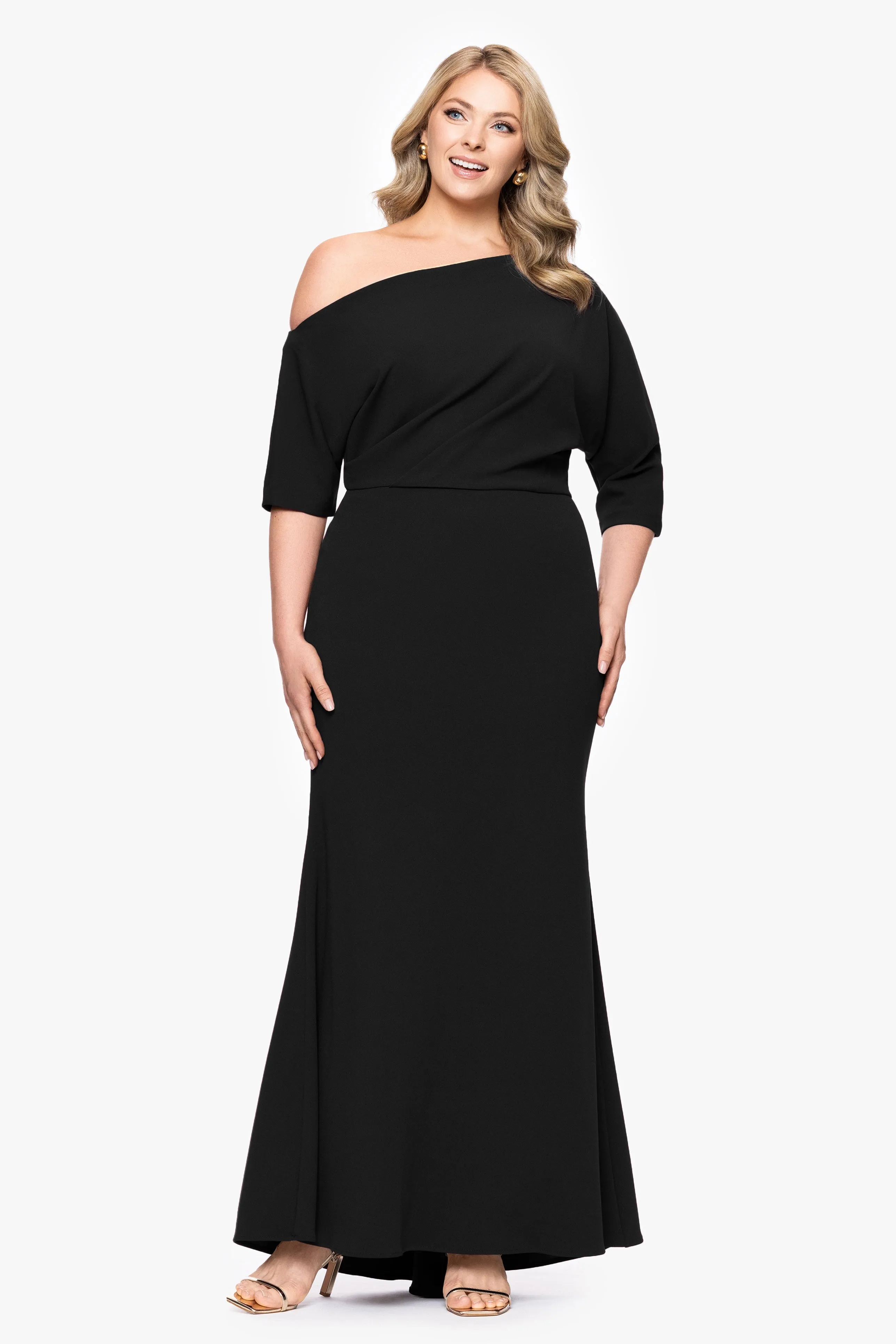 “Madeline” Plus Scuba Crepe Off The Shoulder Dress sold by Betsy & Adam