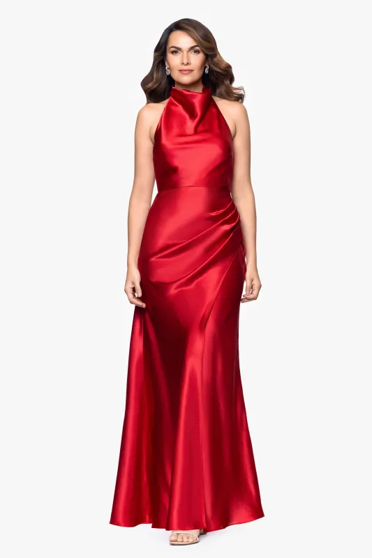 "Antonia" Satin Cowl Halter Neck Ruched Dress made by Betsy & Adam