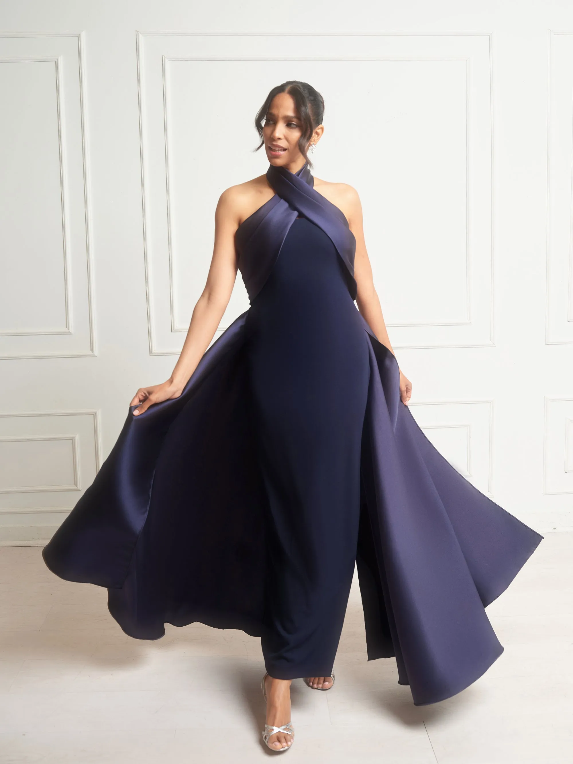 "Dina" Scuba Crepe Twist Halter Neck Gown sold by Betsy & Adam