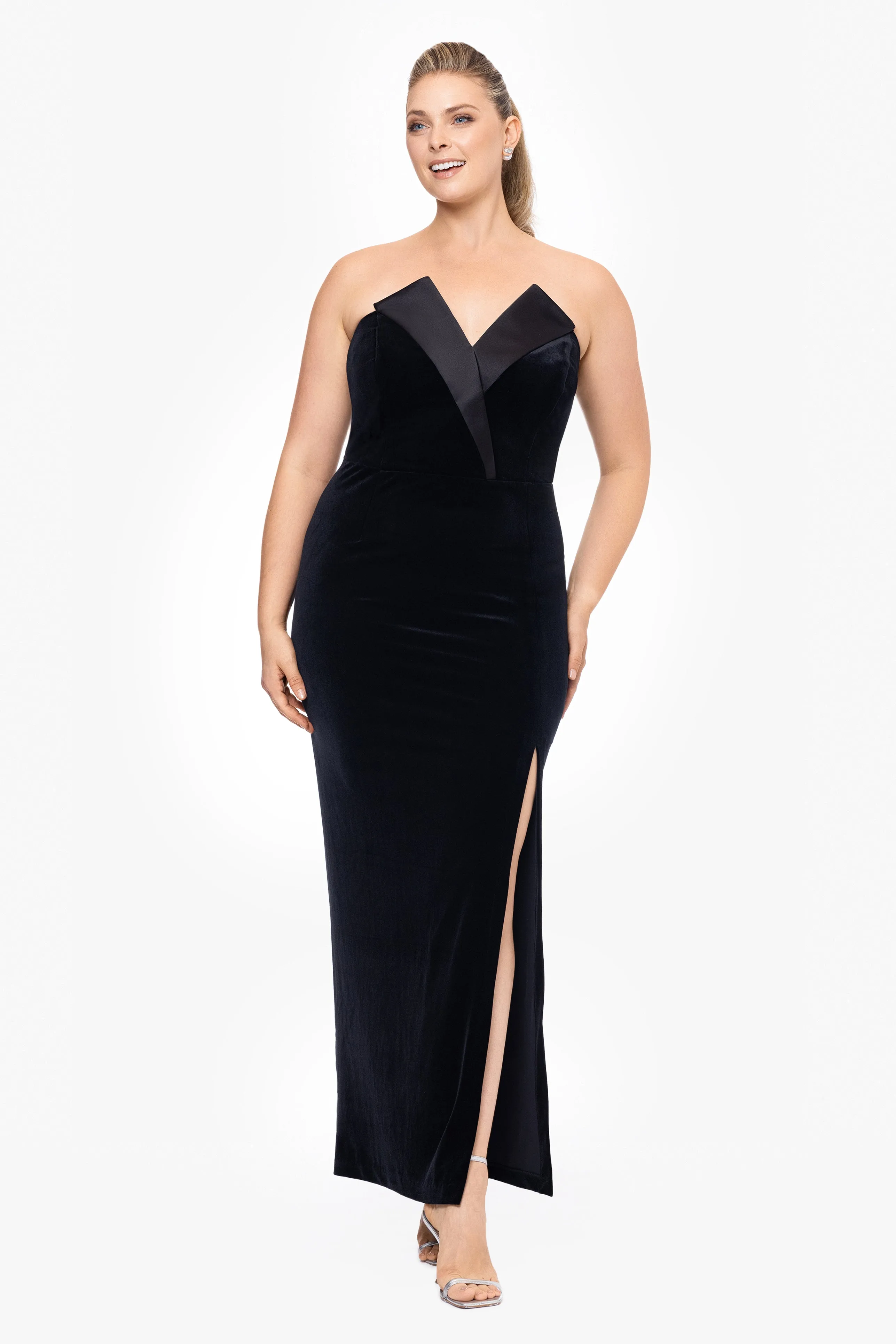 "Liliana" Plus Velvet Strapless Tuxedo Dress sold by Betsy & Adam