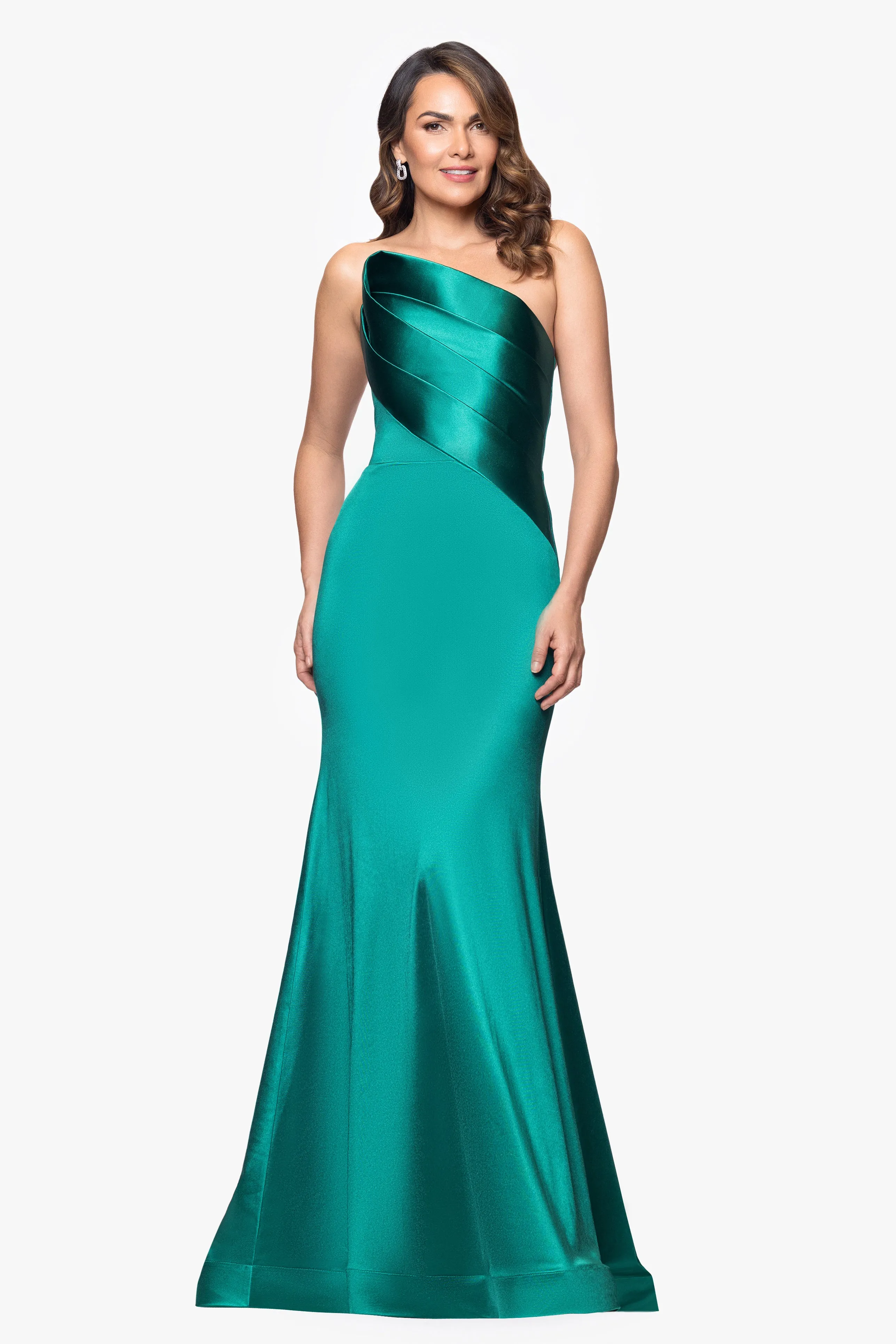 "Emilia" Satin Strapless Asymmetric Neckline Dress sold by Betsy & Adam