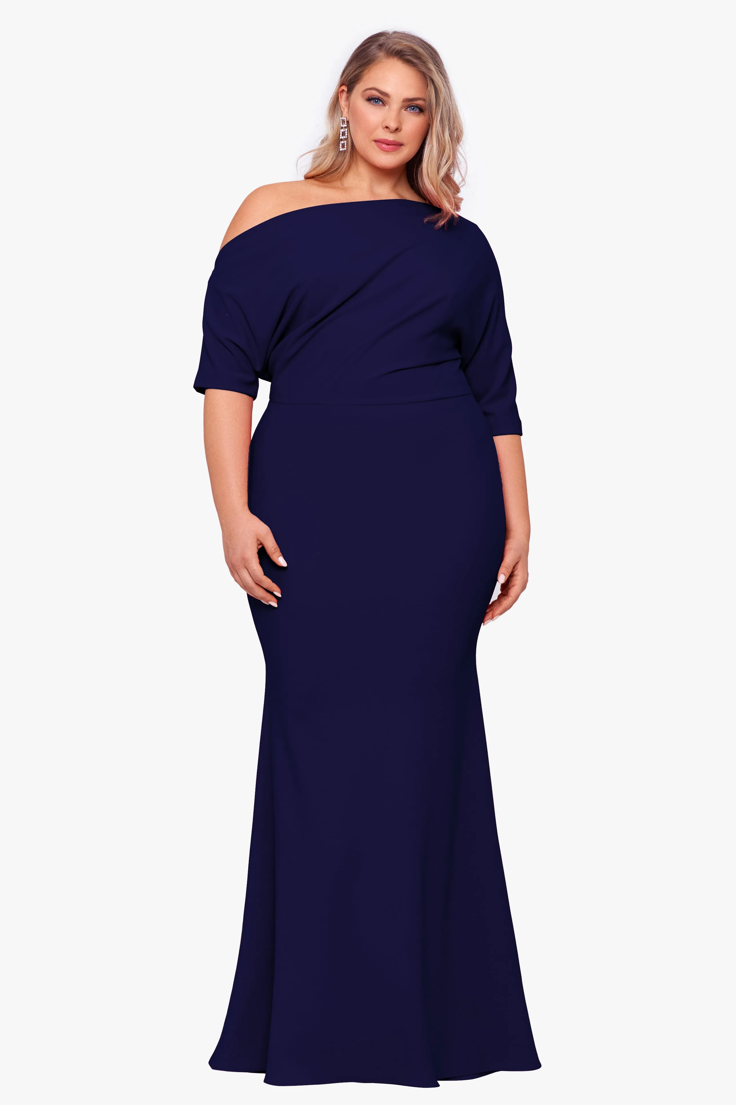 “Madeline” Plus Scuba Crepe Off The Shoulder Dress sold by Betsy & Adam