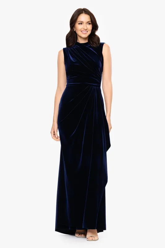 "Fran" Velvet Ruched Drape High Neck Dress made by Betsy & Adam