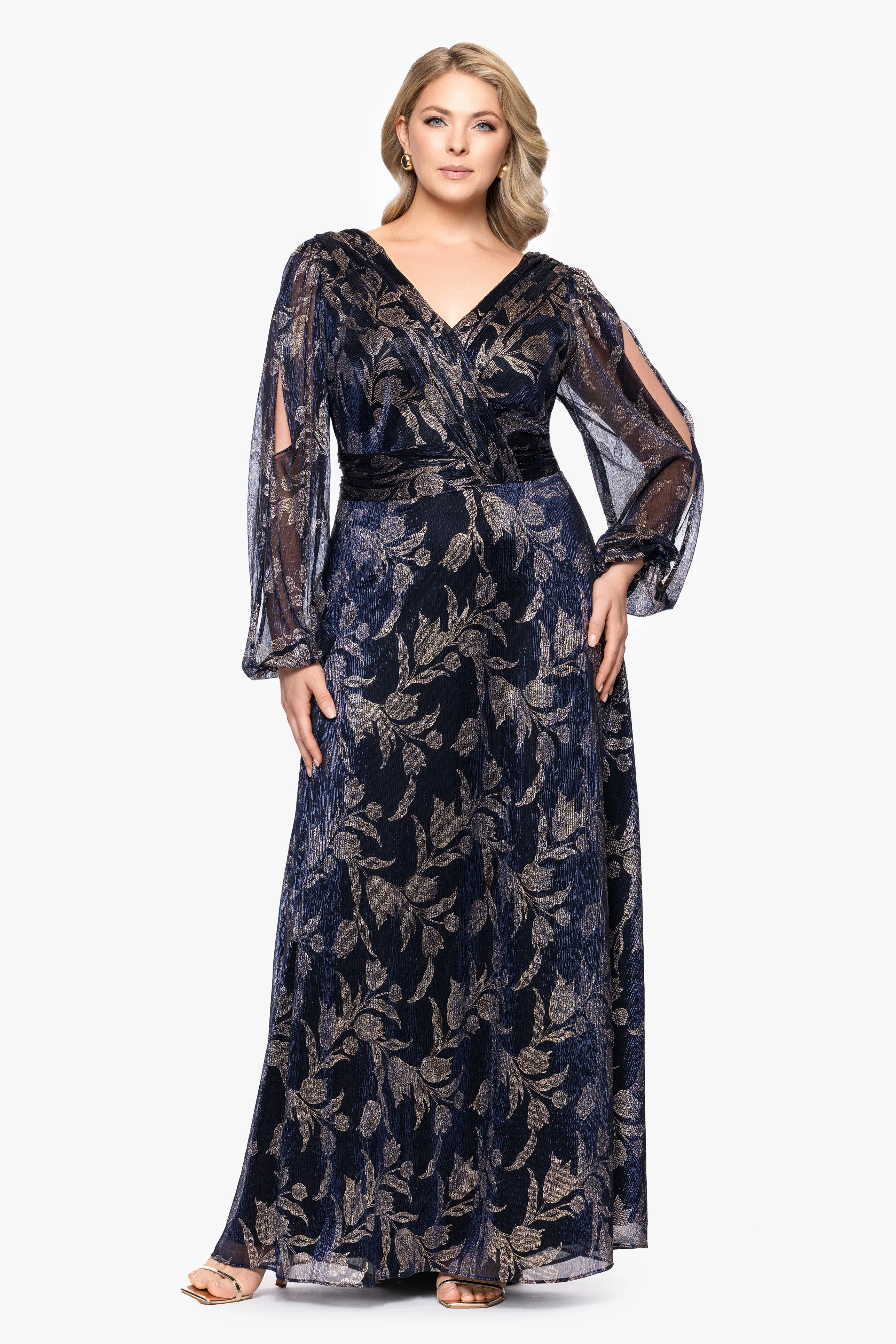 "Elisabeth" Plus Print Metallic V-Neck Long Sleeve Dress sold by Betsy & Adam