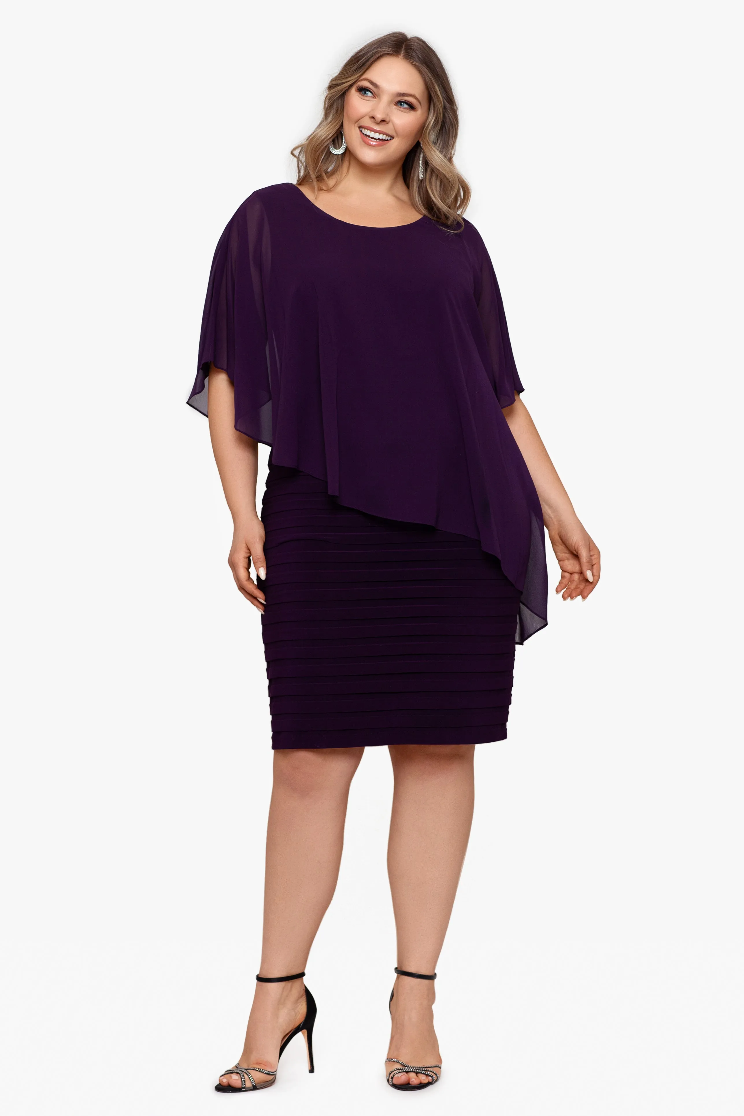 "Charlotte" Plus Jersey Knit With Chiffon Cape Shutter Dress sold by Betsy & Adam