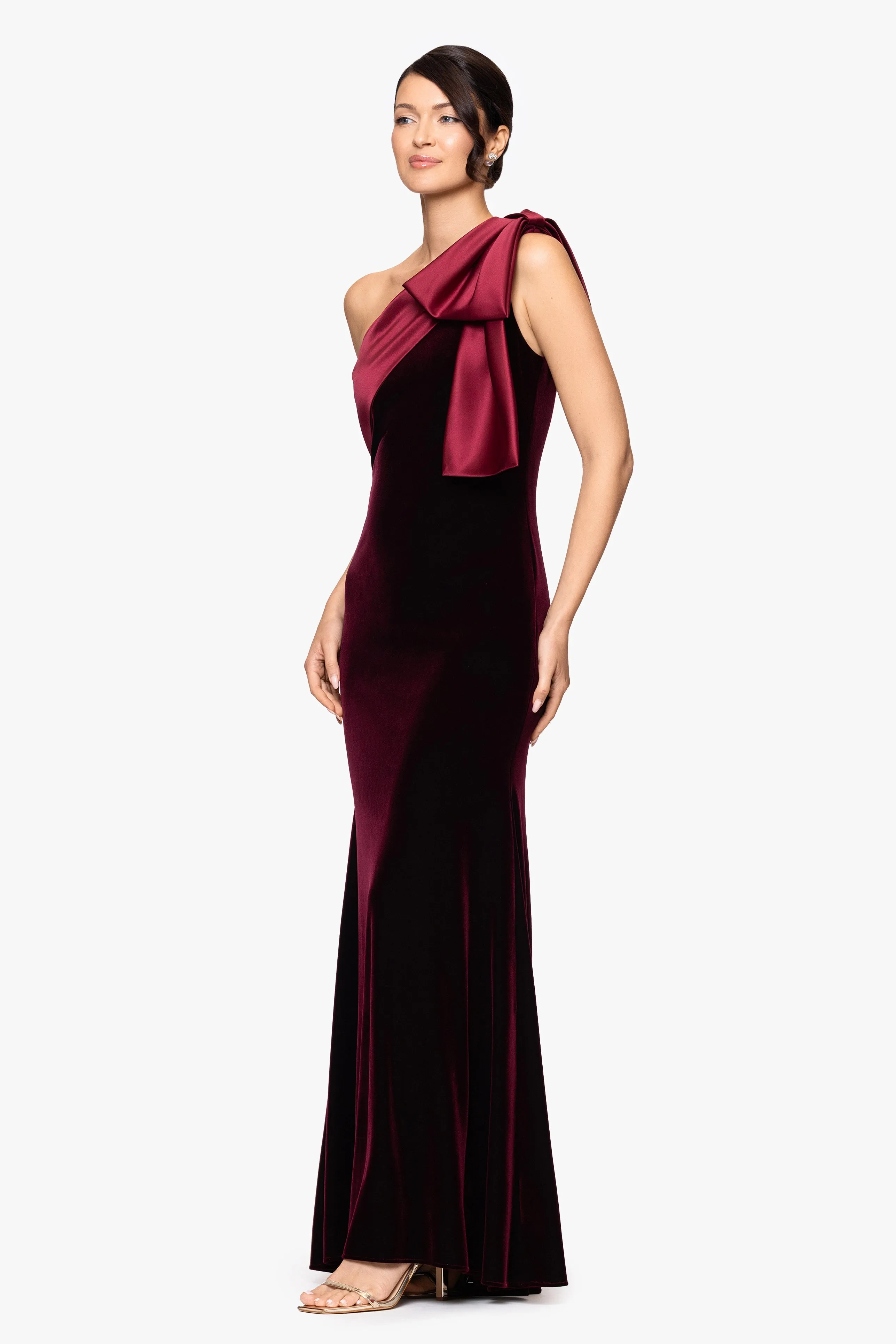 "Elena" Velvet One Shoulder Satin Bow Neckline Dress sold by Betsy & Adam product image thumbnail 4