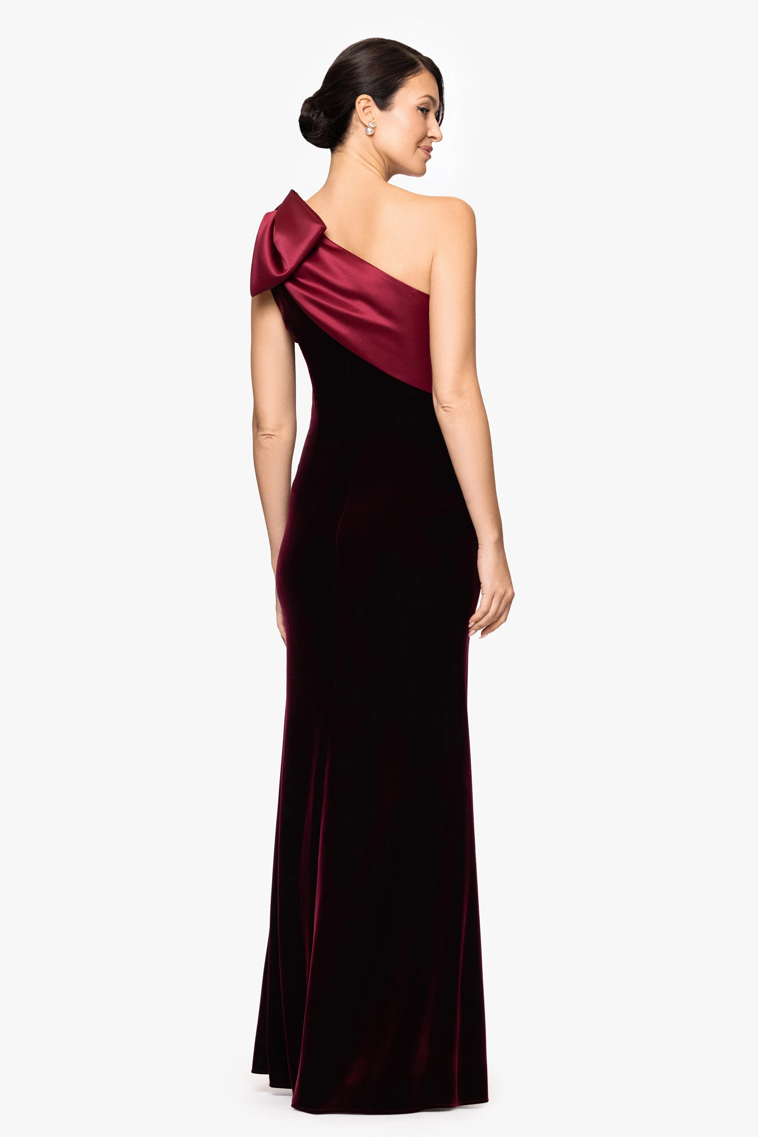 "Elena" Velvet One Shoulder Satin Bow Neckline Dress sold by Betsy & Adam product image thumbnail 3