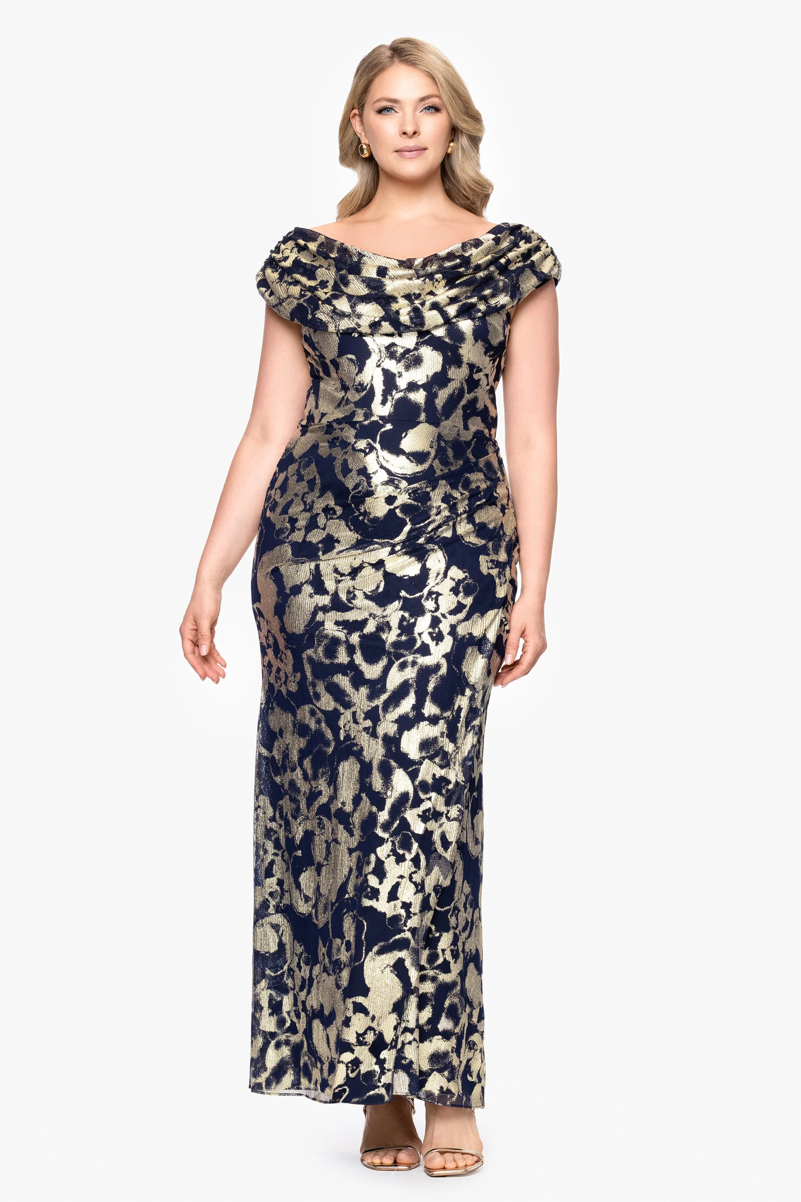 "Bianca" Plus Metallic Cowl Neck Dress sold by Betsy & Adam