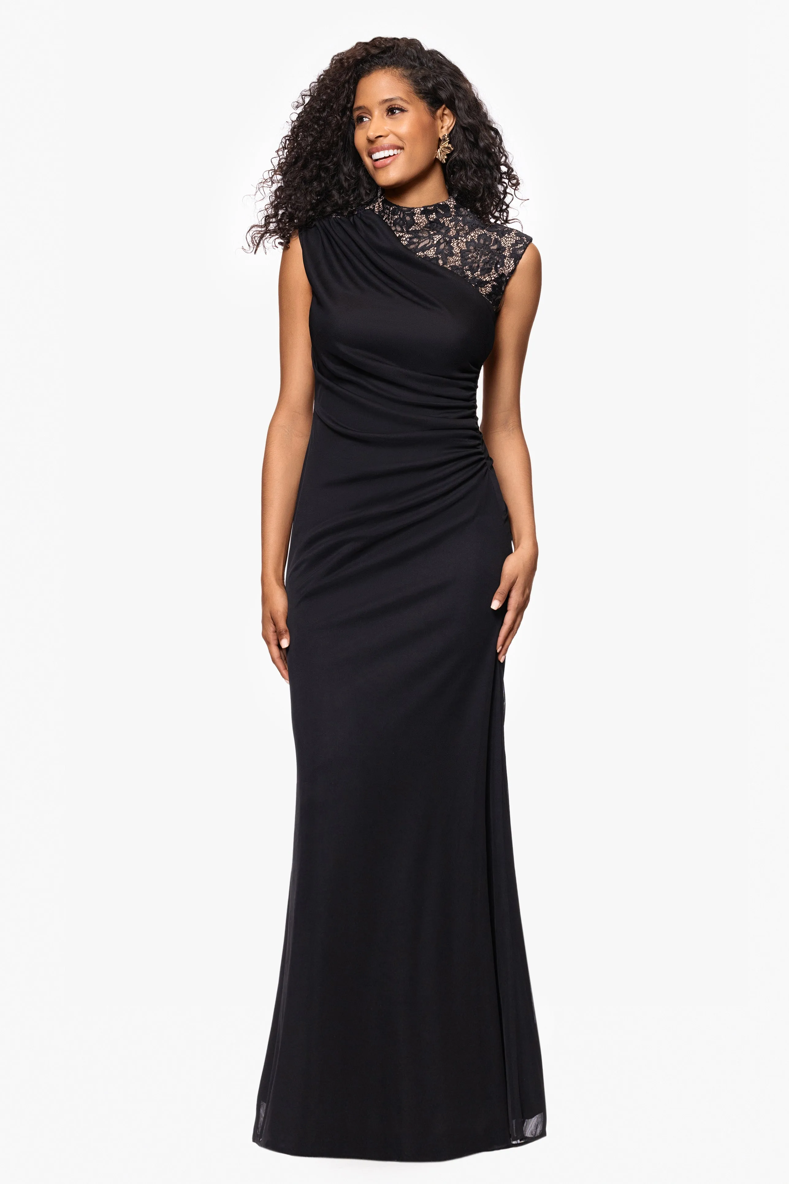 “Dayna” Sheer Matte Jersey Knit Lace Neck Ruched Dress sold by Betsy & Adam product image thumbnail 5