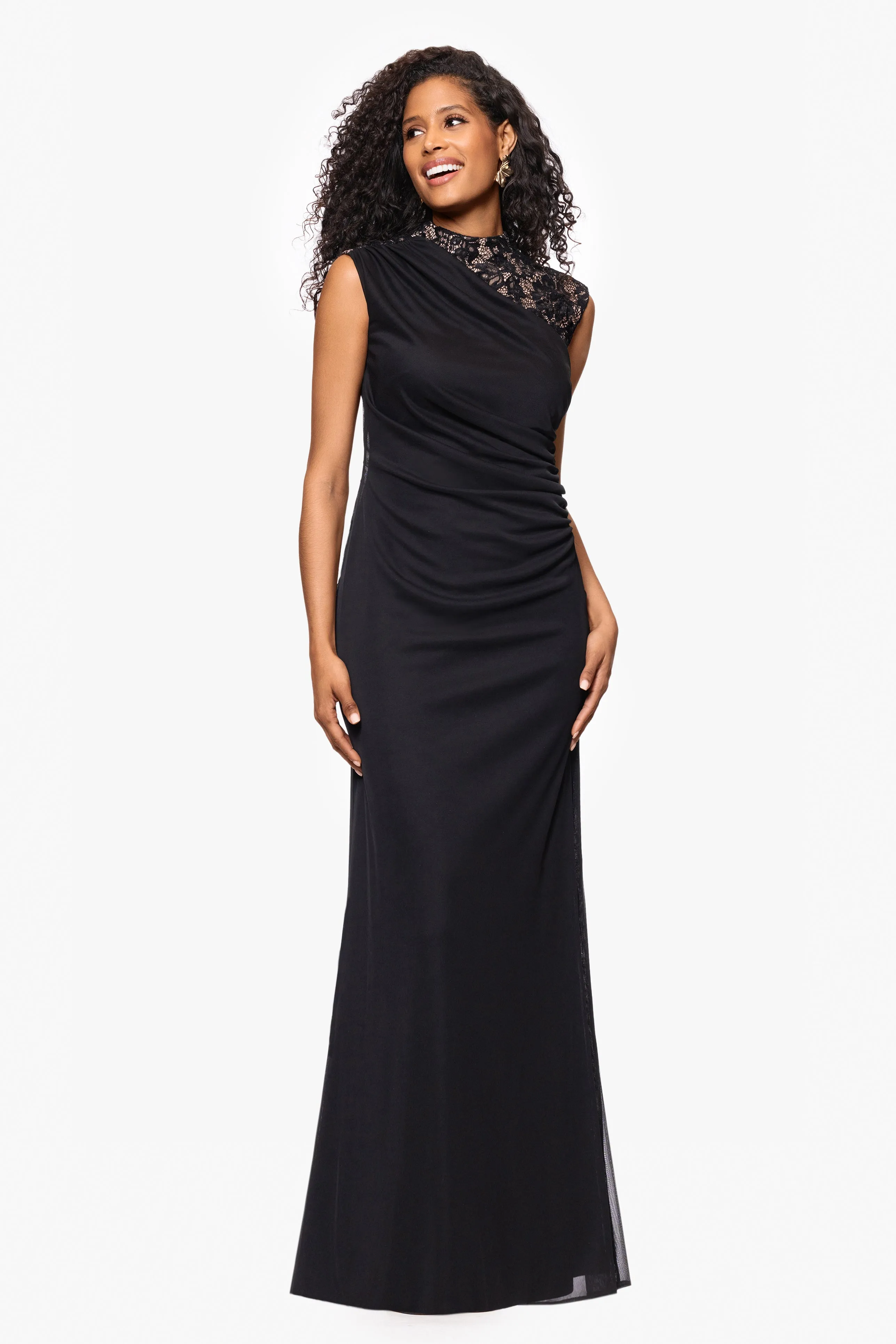 “Dayna” Sheer Matte Jersey Knit Lace Neck Ruched Dress sold by Betsy & Adam product image thumbnail 2
