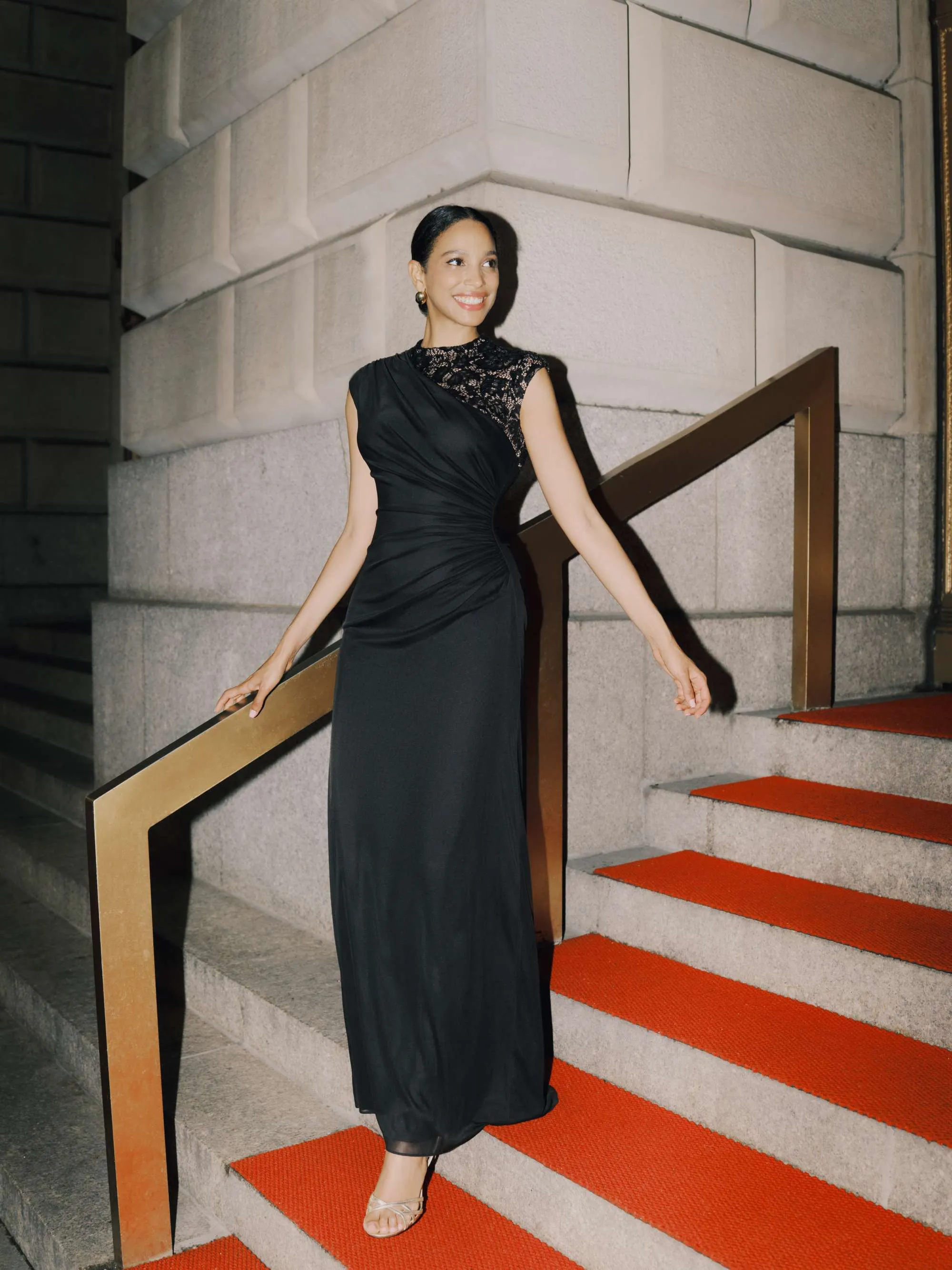 “Dayna” Sheer Matte Jersey Knit Lace Neck Ruched Dress sold by Betsy & Adam