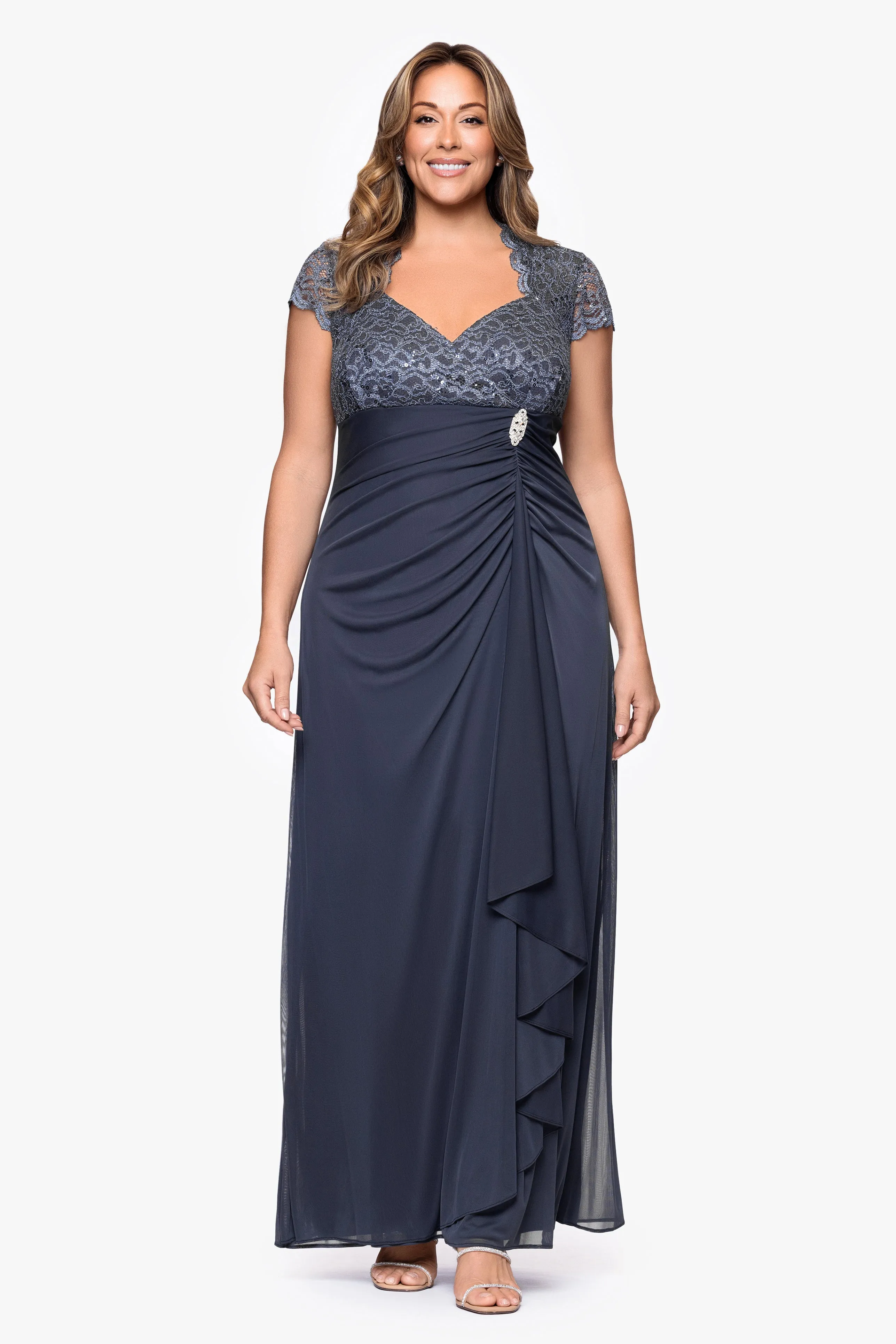 "Kim" Plus Sheer Matte Jersey Lace Cap Sleeve Dress sold by Betsy & Adam