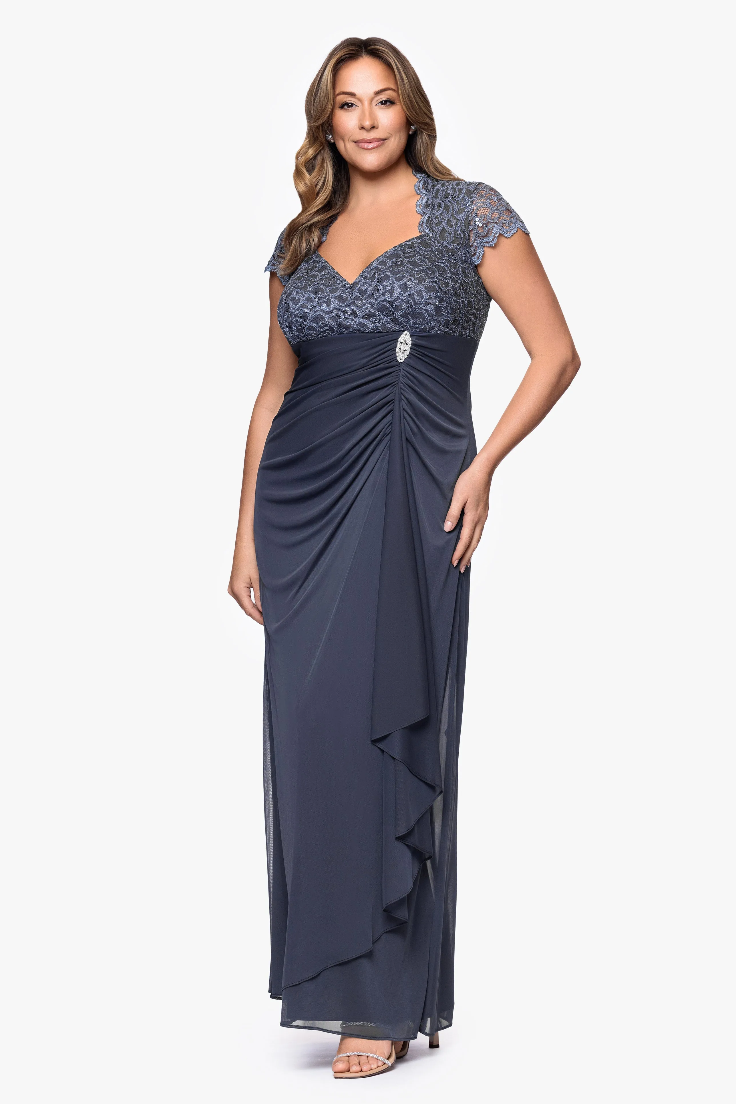 "Kim" Plus Sheer Matte Jersey Lace Cap Sleeve Dress sold by Betsy & Adam product image thumbnail 4