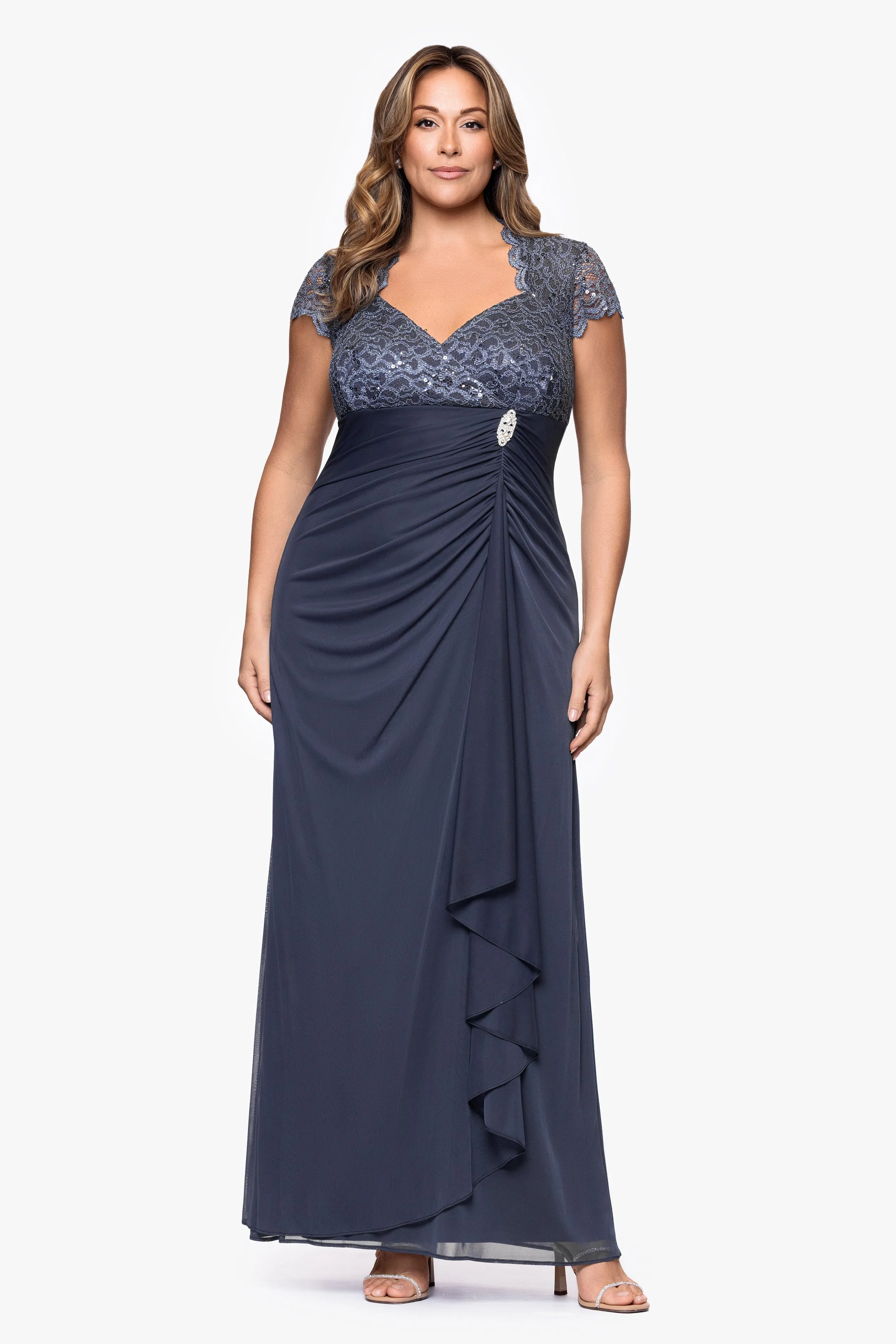 "Kim" Plus Sheer Matte Jersey Lace Cap Sleeve Dress sold by Betsy & Adam product image thumbnail 5
