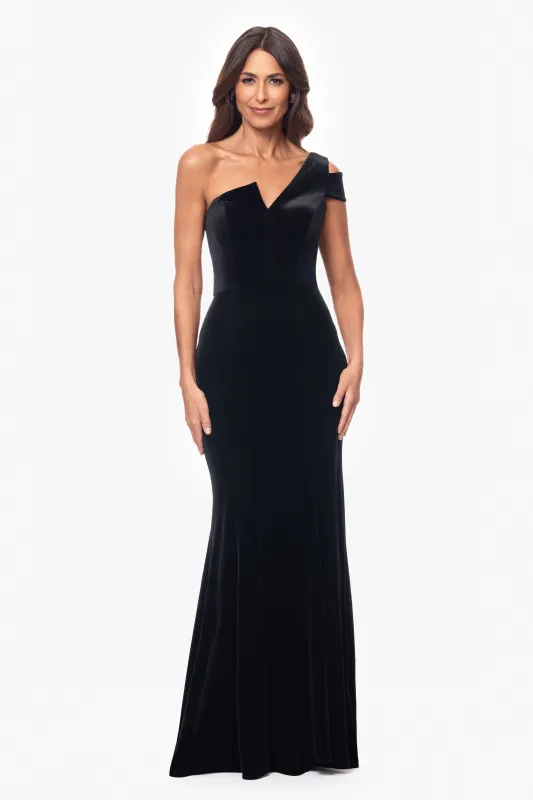 "Ella" Velvet One Shoulder Dress made by Betsy & Adam