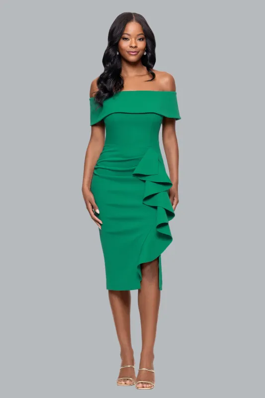 "Kourtney" Petite Scuba Crepe Off The Shoulder Ruffle Midi Dress made by Betsy & Adam