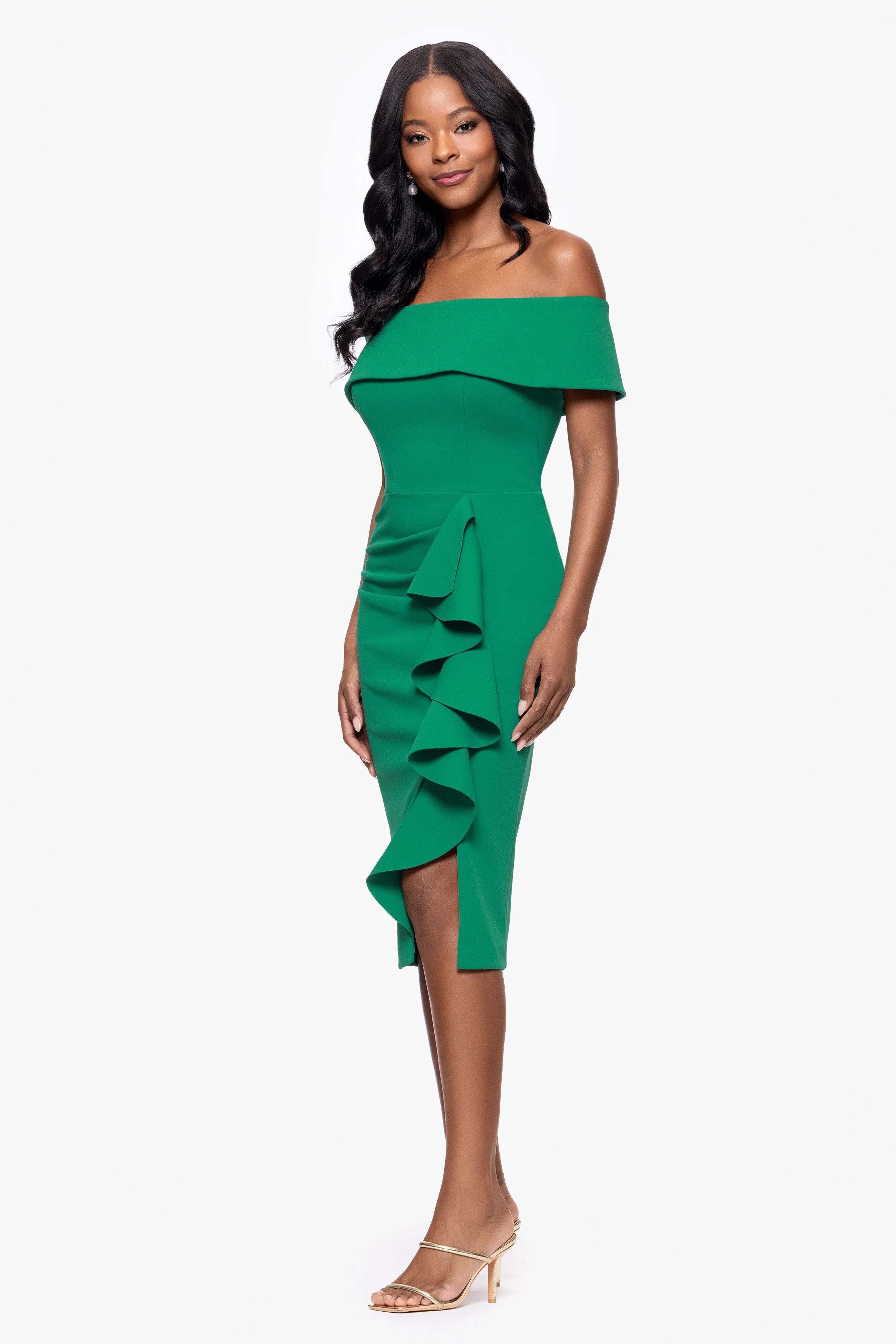 "Kourtney" Petite Scuba Crepe Off The Shoulder Ruffle Midi Dress sold by Betsy & Adam product image thumbnail 4