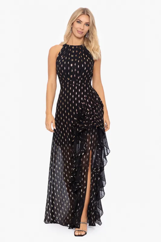 "Karina" Chiffon Foil Ruffle Tie Neck Dress made by Betsy & Adam