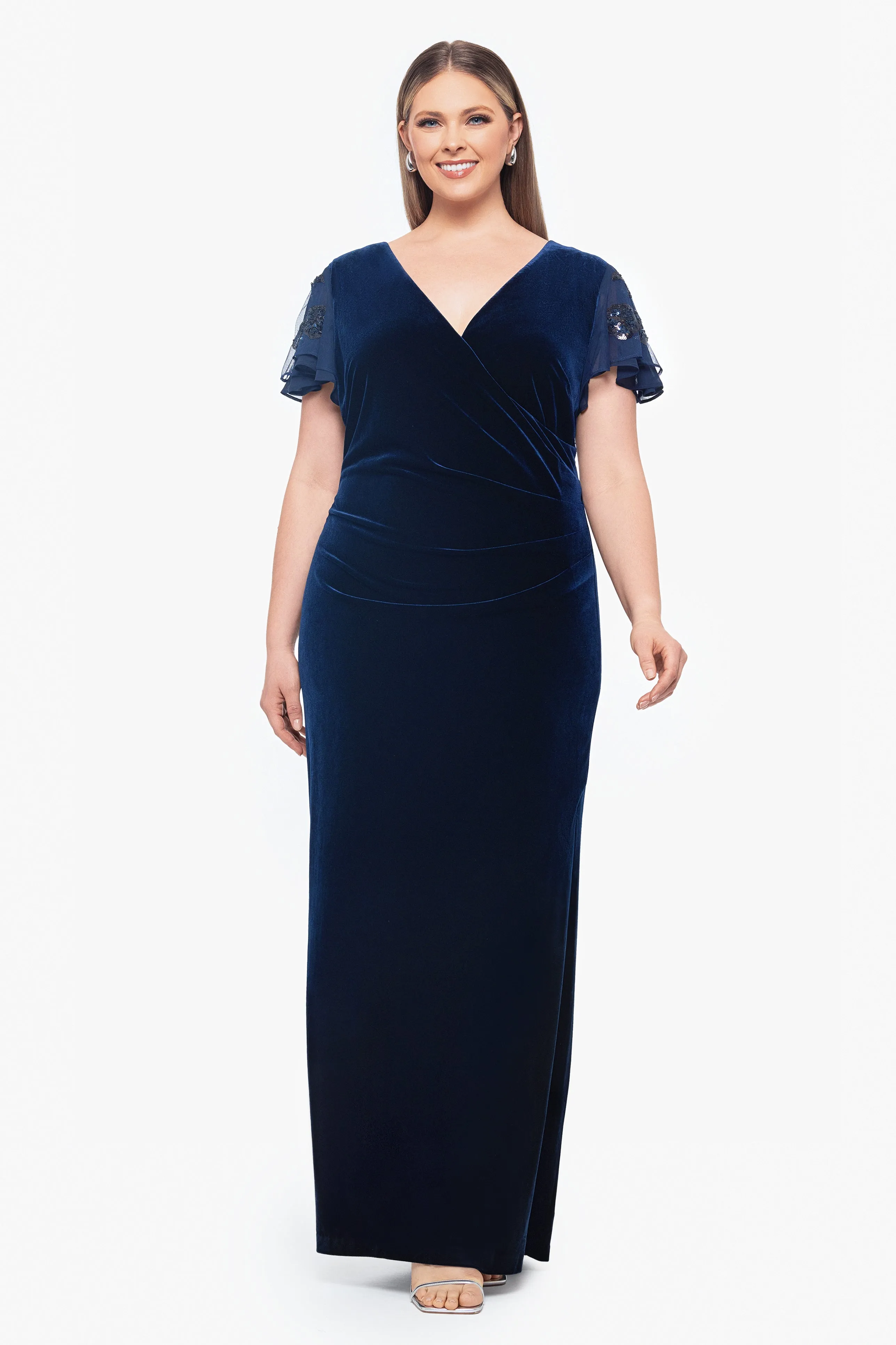 "Carolina" Plus Velvet V-Neck Sequin Sleeve Dress sold by Betsy & Adam