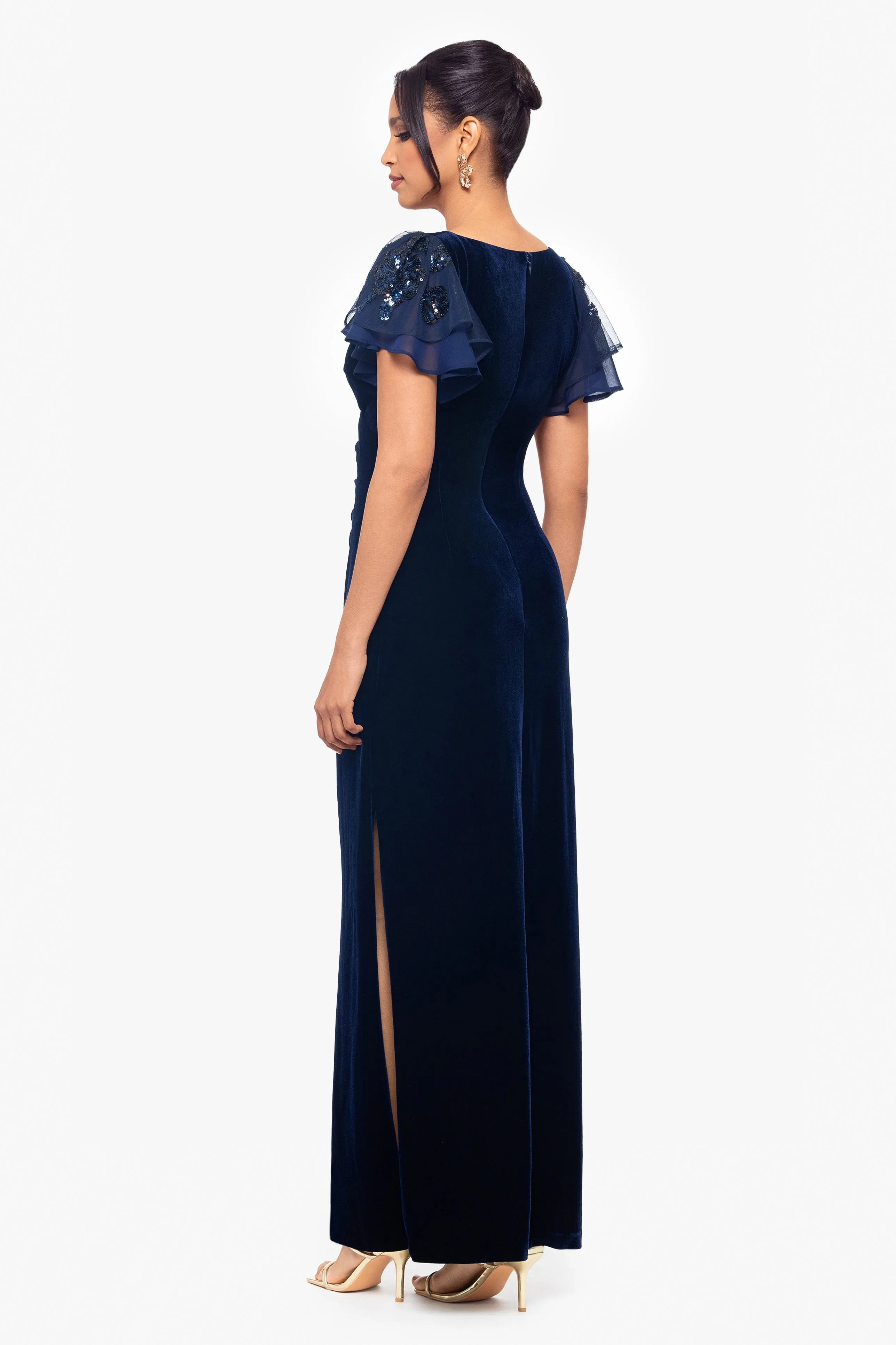 "Carolina" Petite Velvet V-Neck Sequin Sleeve Dress sold by Betsy & Adam product image thumbnail 3