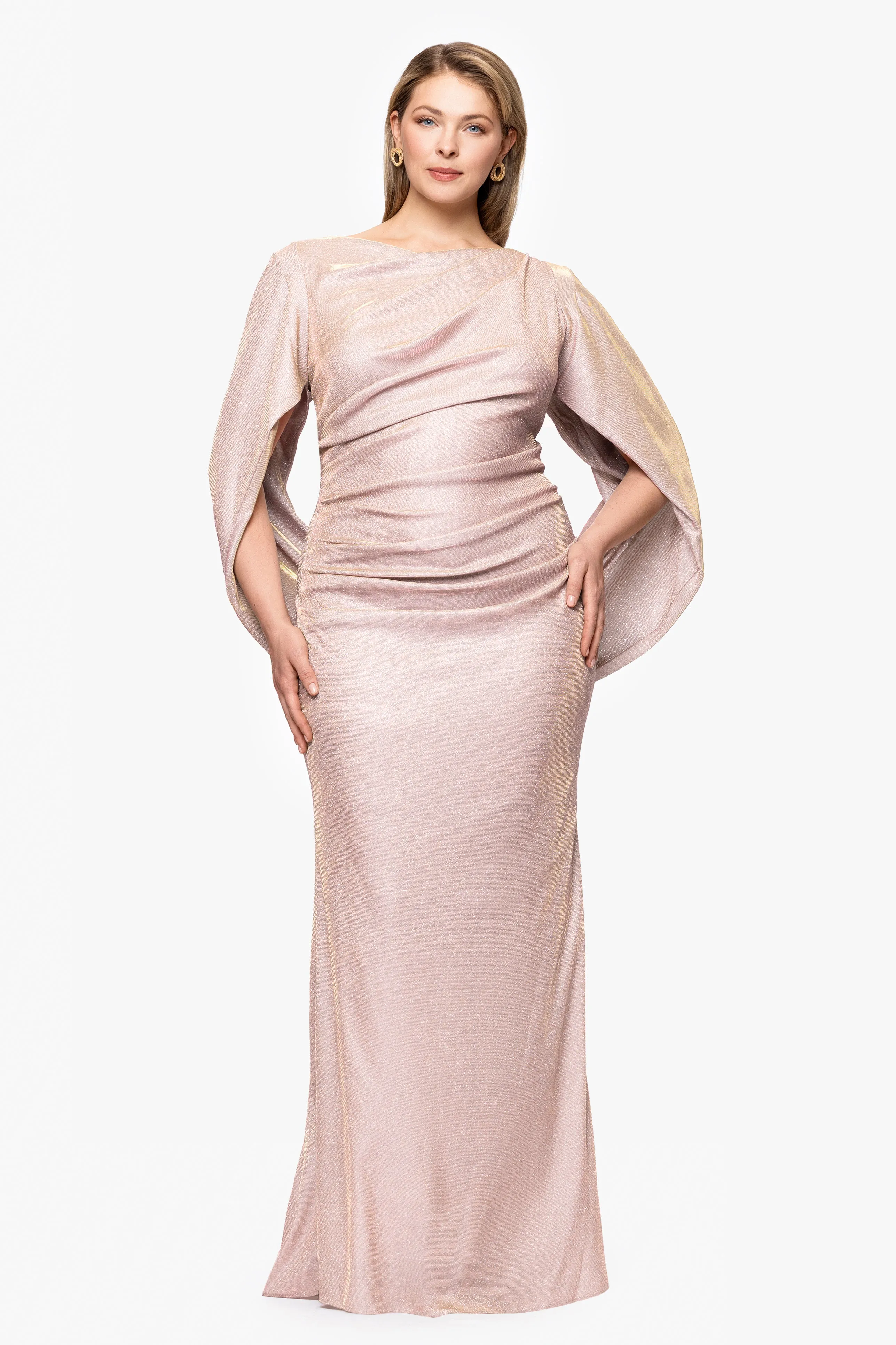 "Gracie" Plus Metallic Knit Glitter Draped Dress sold by Betsy & Adam