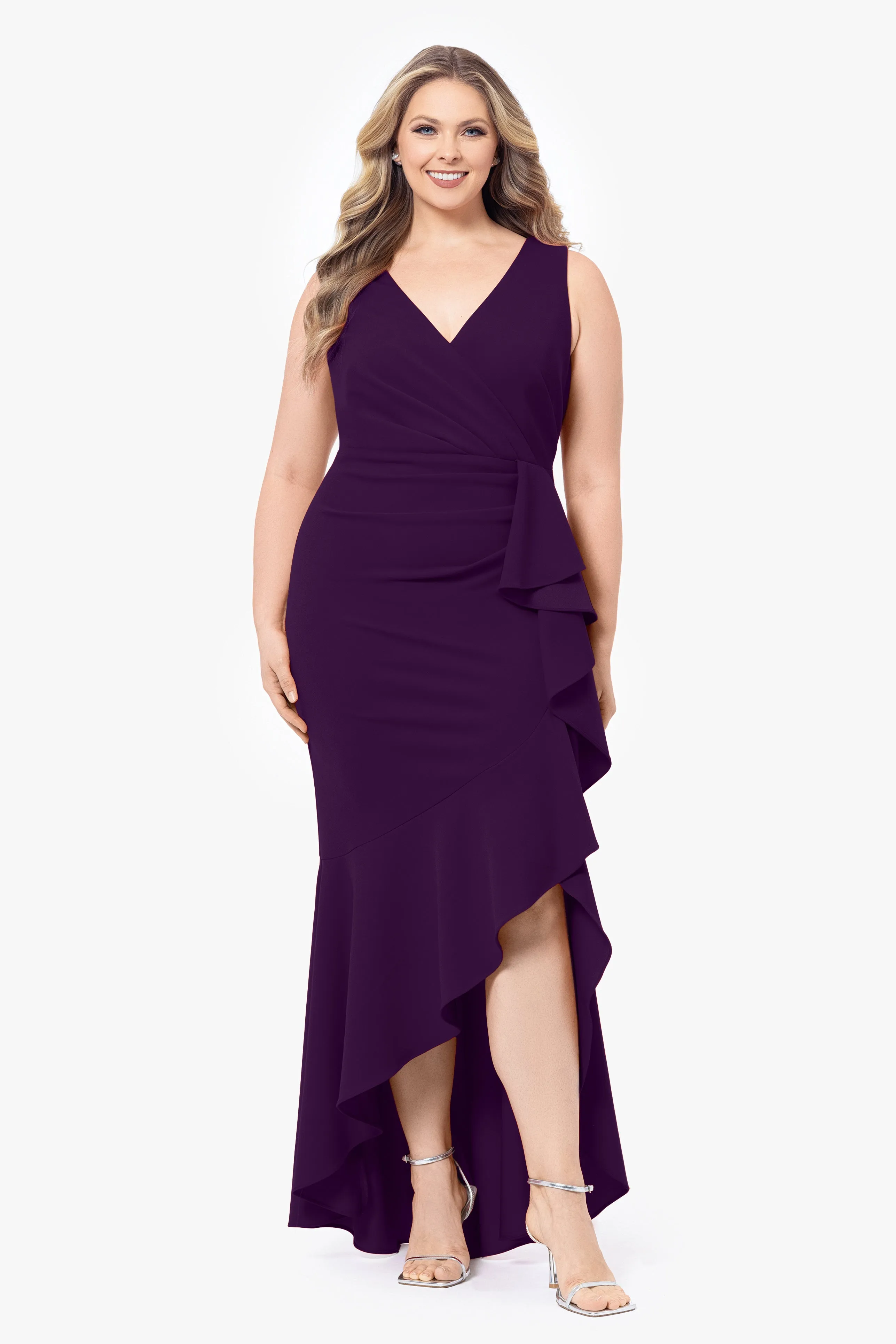 "Candace" Plus V-Neck Hi Low Cascade Dress sold by Betsy & Adam