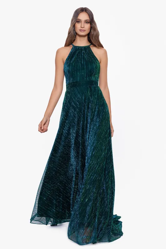 "Mila" Metallic Halter Dress made by Betsy & Adam
