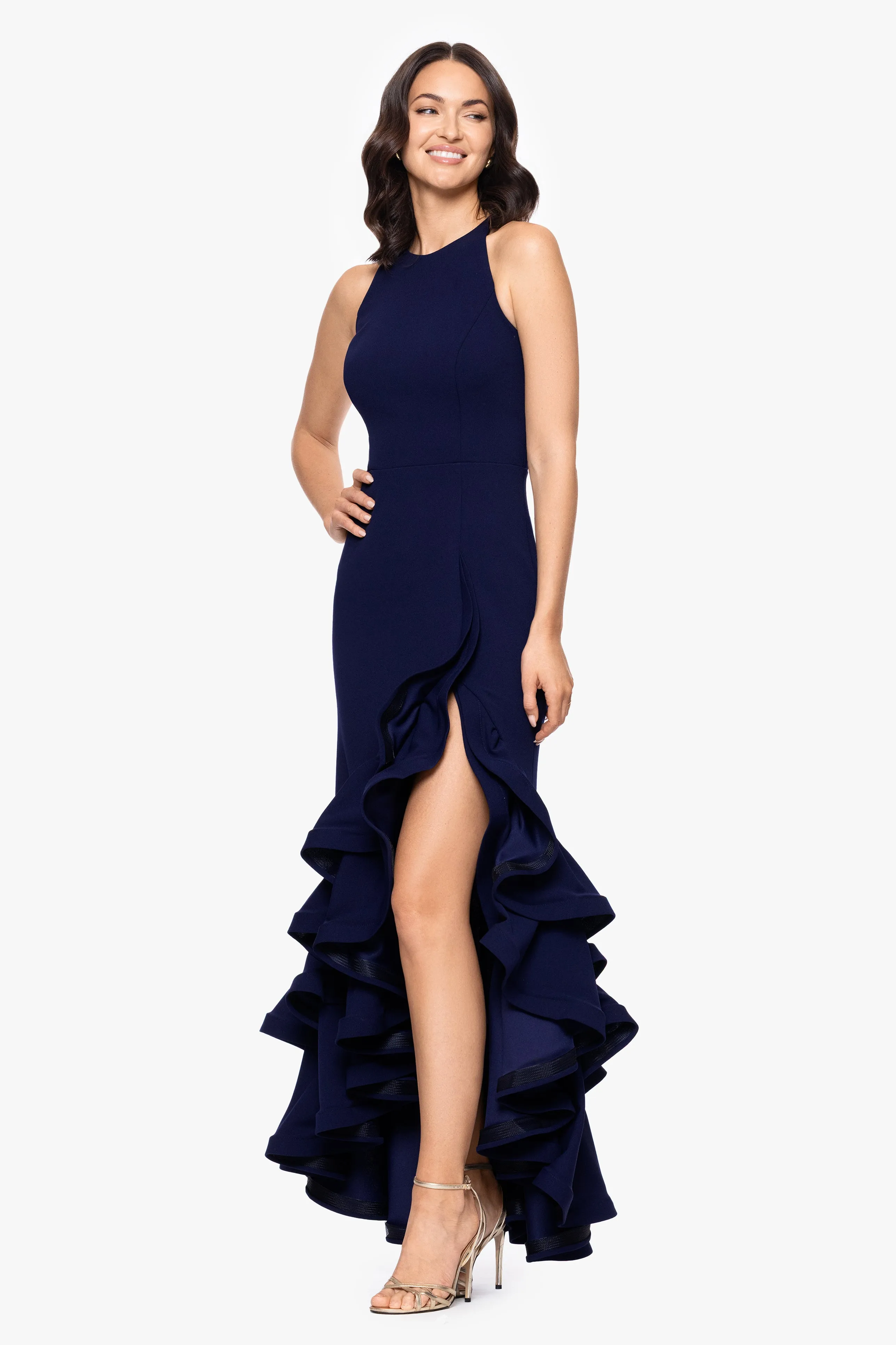 "Arielle" Scuba Crepe Ruffle Slit Dress sold by Betsy & Adam product image thumbnail 4