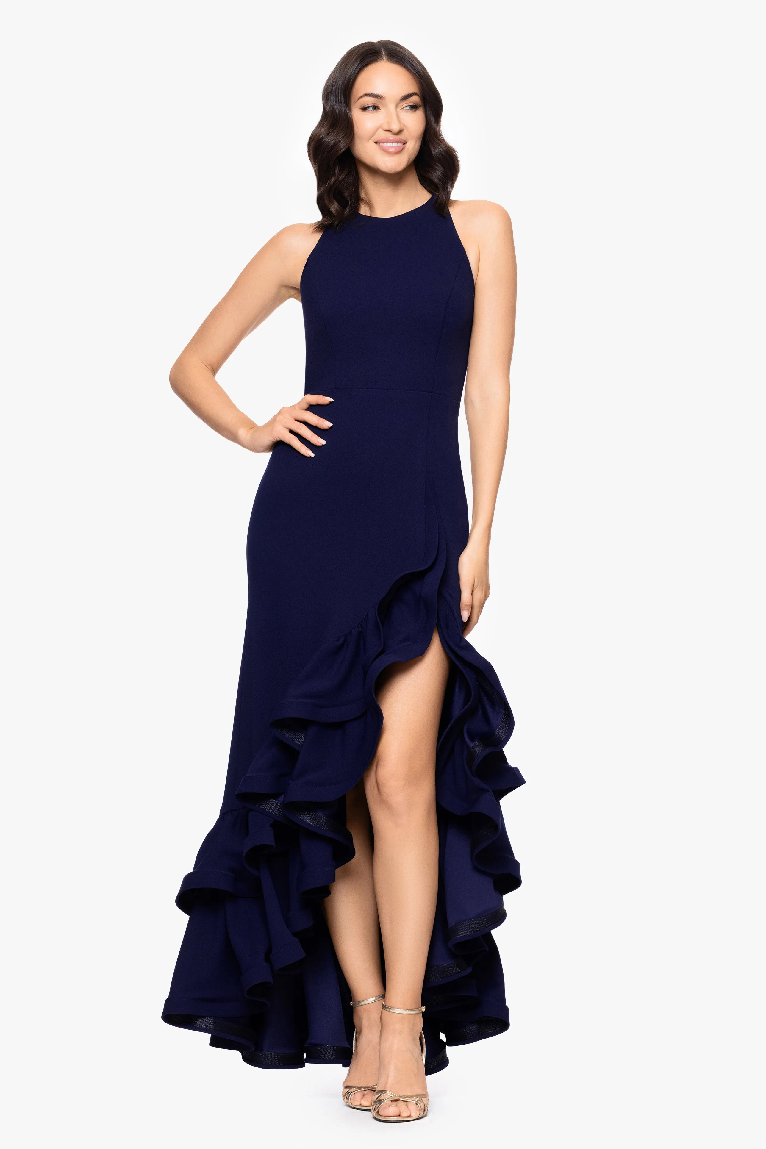"Arielle" Scuba Crepe Ruffle Slit Dress sold by Betsy & Adam