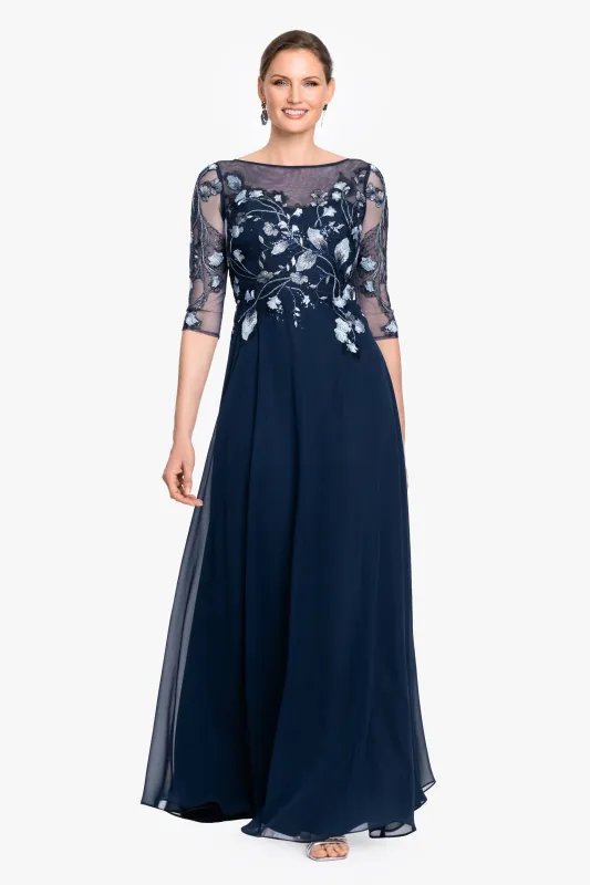 Petite "Isabella" Embroidered Chiffon Long Sleeve Dress made by Betsy & Adam
