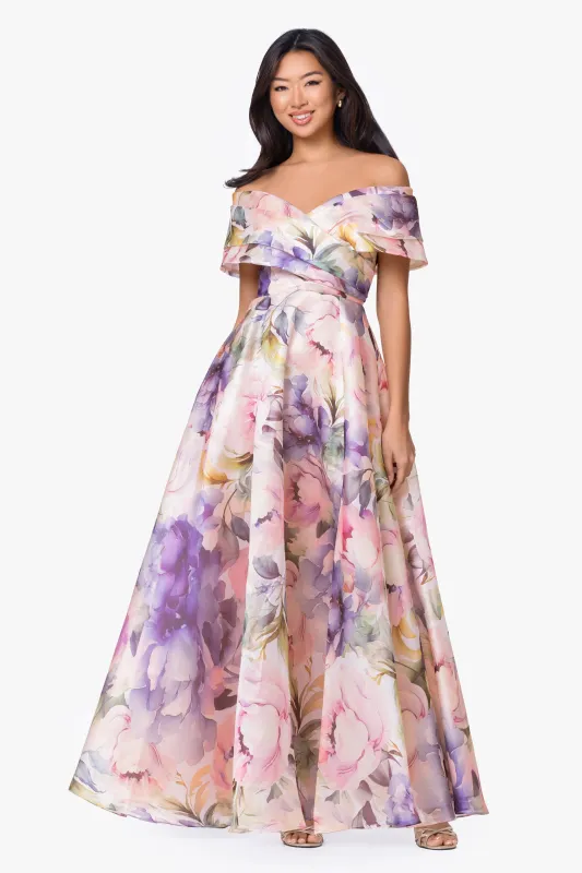 Petite "Serenity" Printed Organza Off The Shoulder Dress made by Betsy & Adam