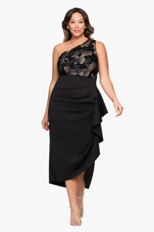 Plus "Dahlia" Soutache & Scuba One Shoulder Ruffle Skirt Midi made by Betsy & Adam