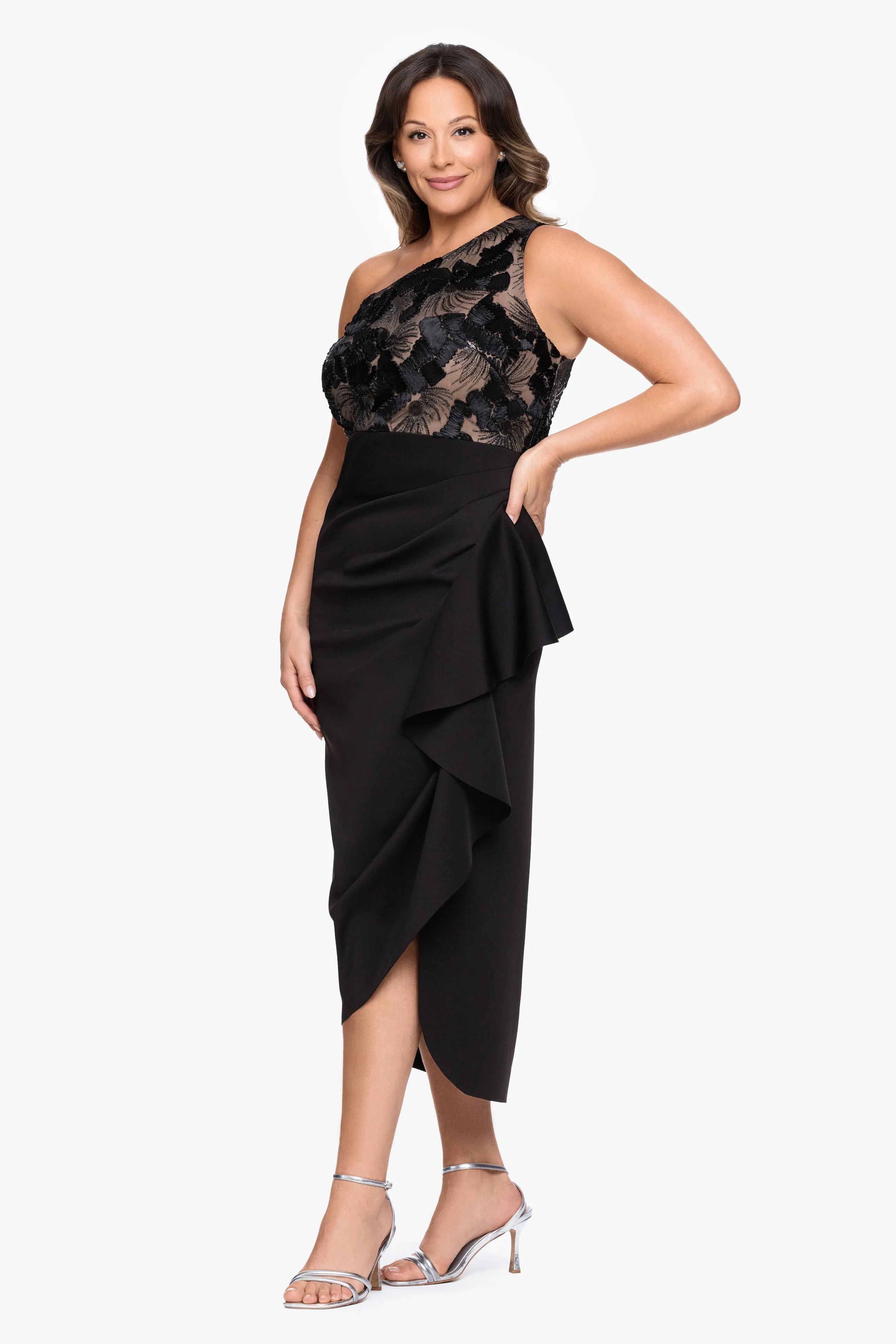 Plus "Dahlia" Soutache & Scuba One Shoulder Ruffle Skirt Midi sold by Betsy & Adam product image thumbnail 4