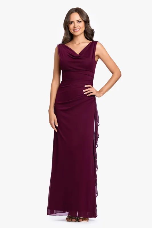 "Gemma" Sheer Matte Jersey Droop Neck Side Ruffle Dress made by Betsy & Adam