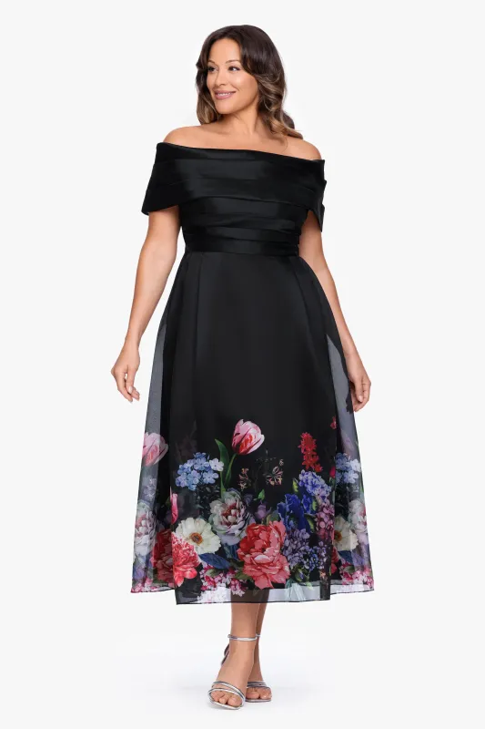 Plus "Tabitha" Organza Print Off the Shoulder Midi Dress made by Betsy & Adam