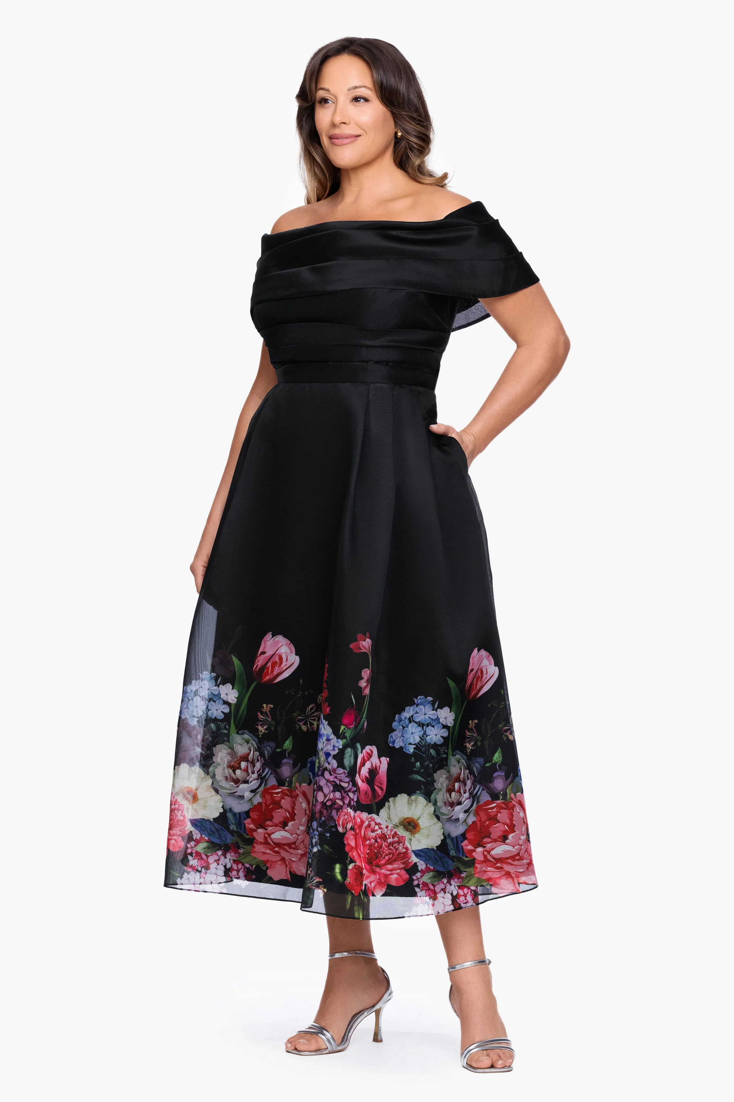 Plus "Tabitha" Organza Print Off the Shoulder Midi Dress sold by Betsy & Adam product image thumbnail 5