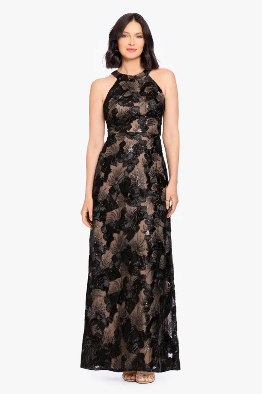 “Fabiana” Soutache Sequin Halter Neck Dress made by Betsy & Adam