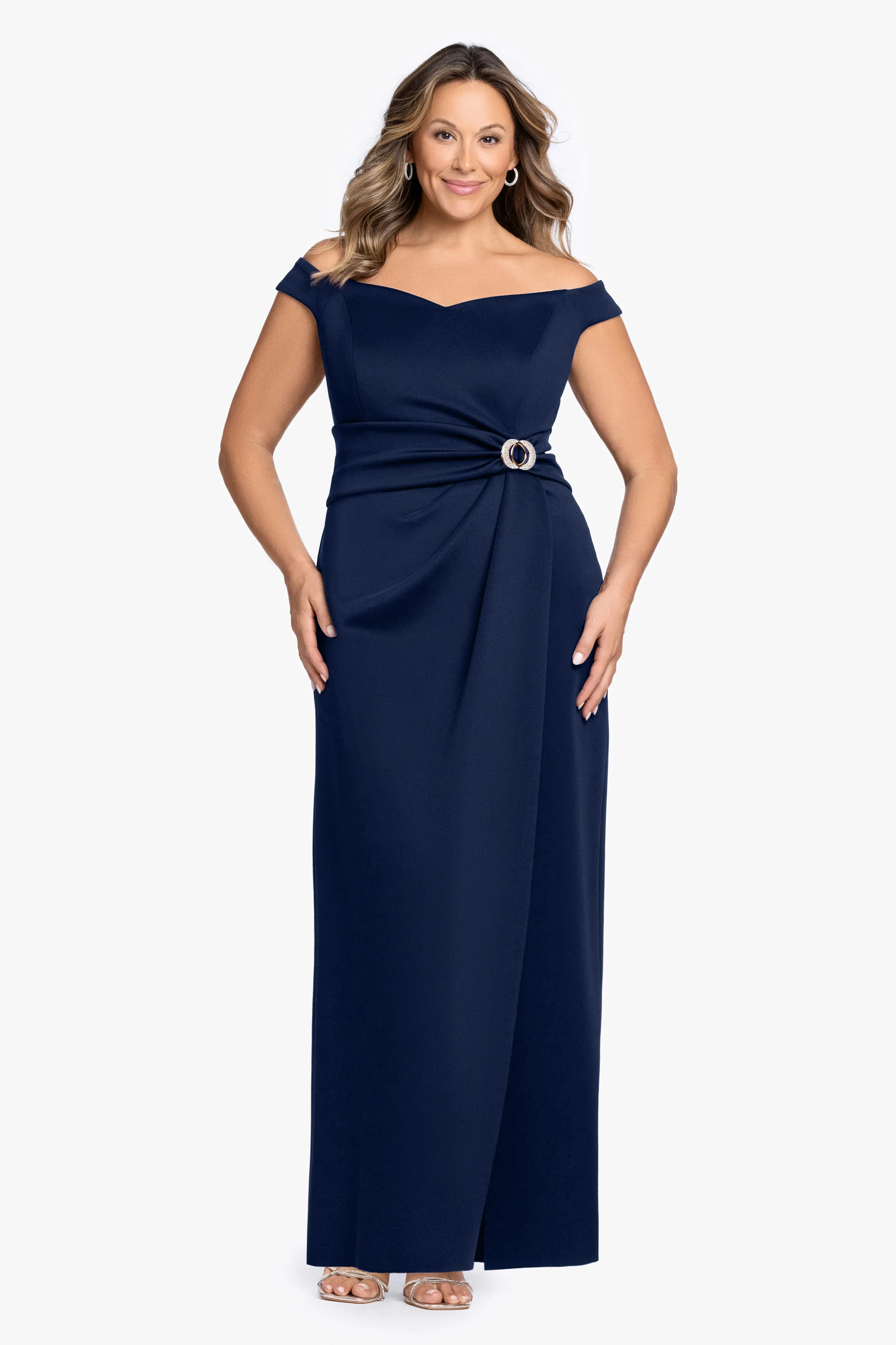 Plus "Shiloh" Techno Scuba Off Shoulder Dress sold by Betsy & Adam