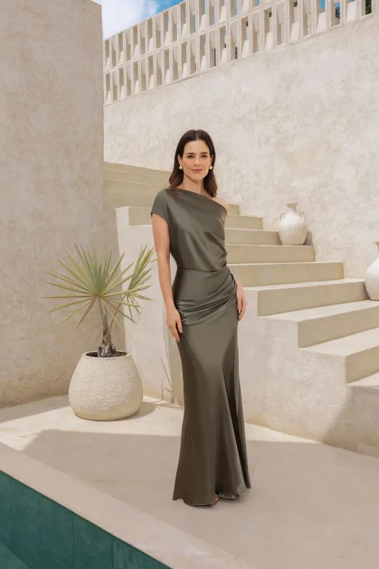 “Hailey” Double Faced Satin Off The Shoulder Ruched Dress made by Betsy & Adam