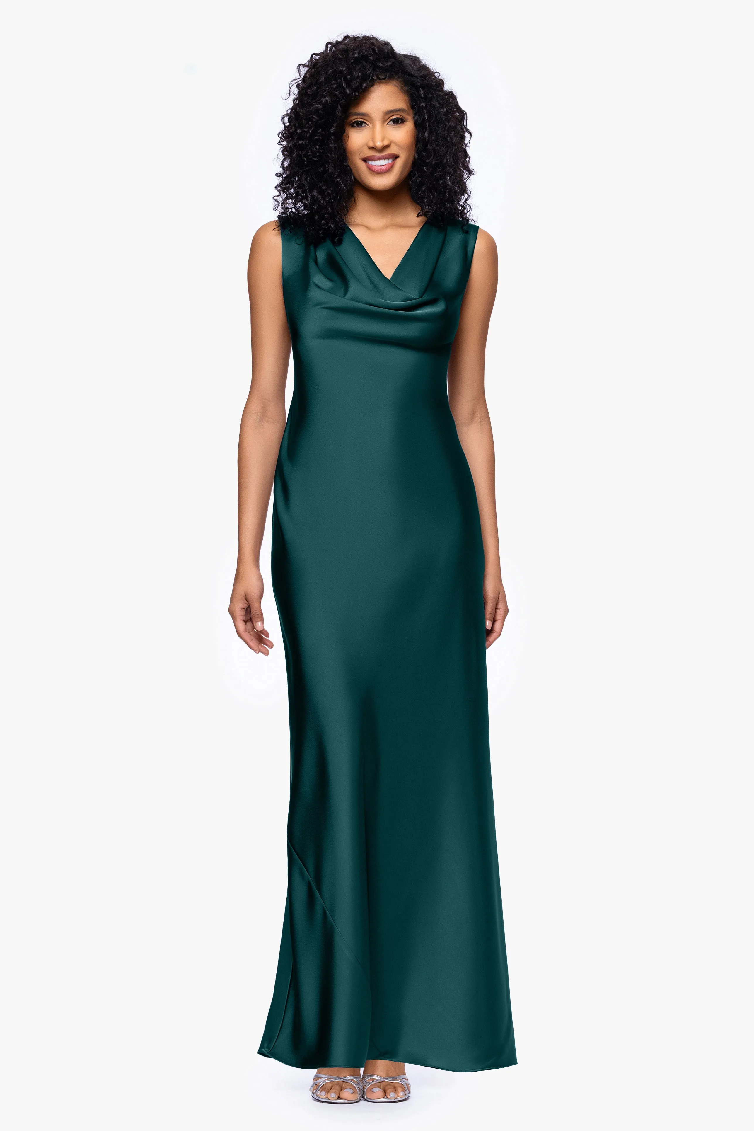 Petite "Amberly" Satin Drape Neck Dress sold by Betsy & Adam
